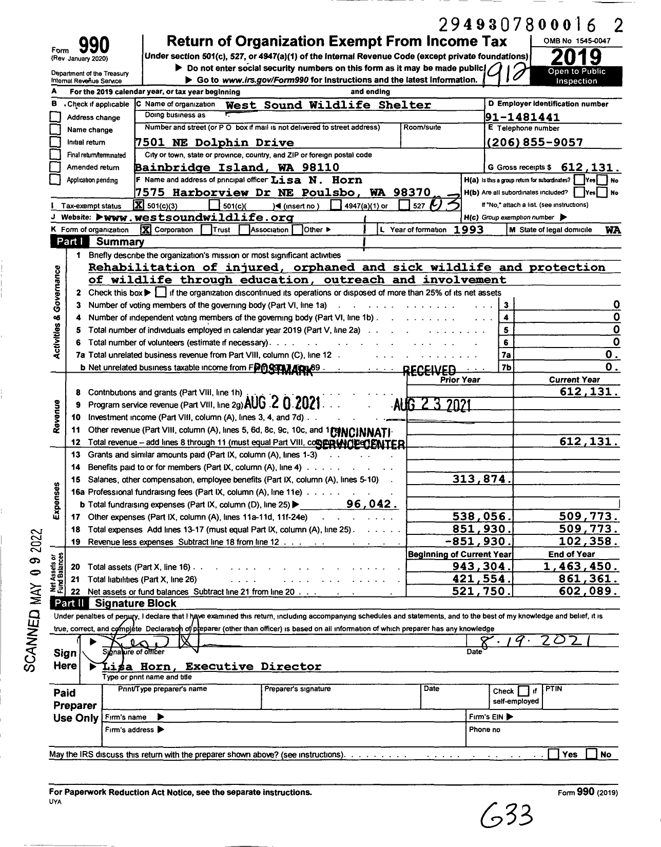 Image of first page of 2019 Form 990 for West Sound Wildlife Shelter