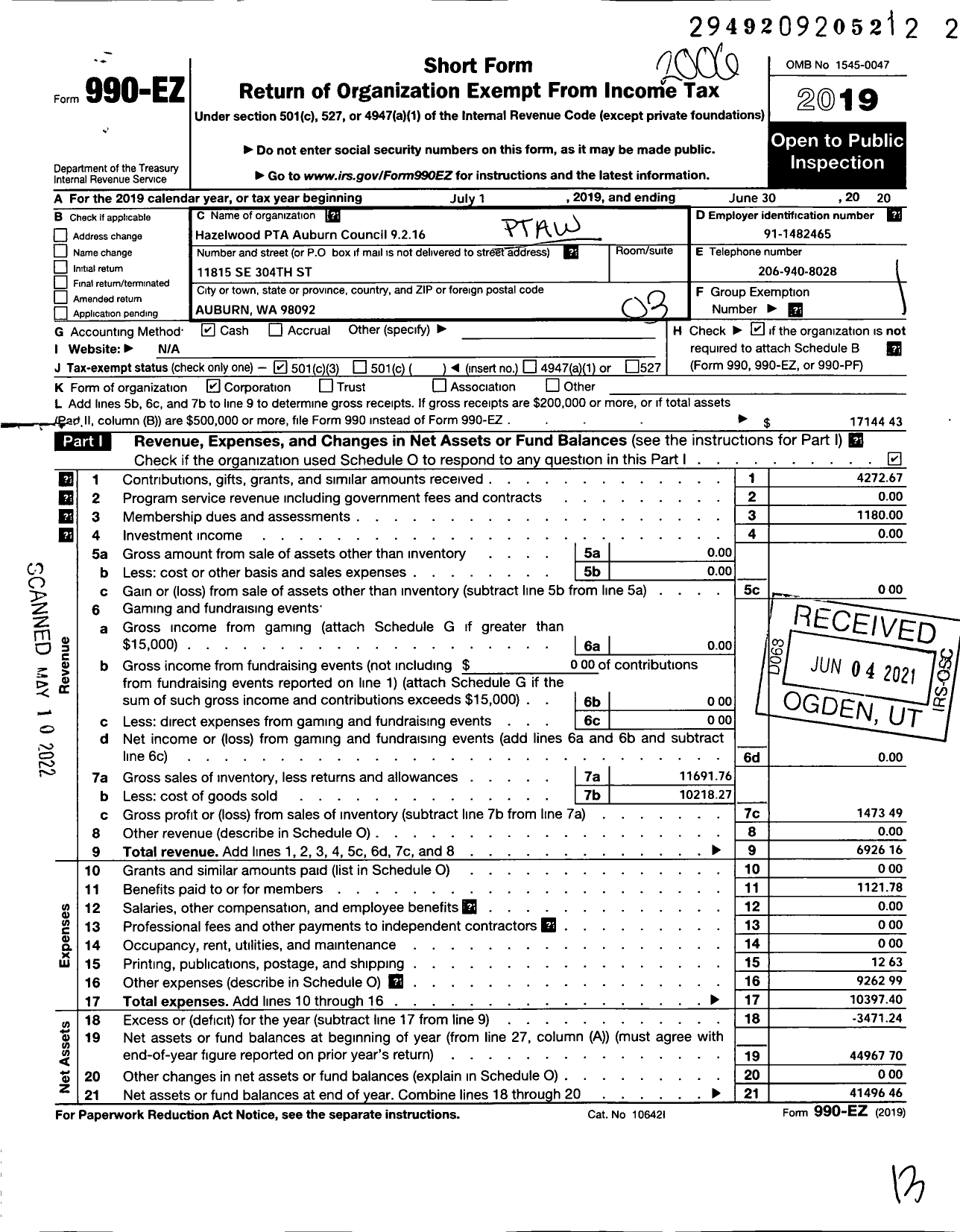 Image of first page of 2019 Form 990EZ for Hazelwood PTA Auburn Council 9 2 16