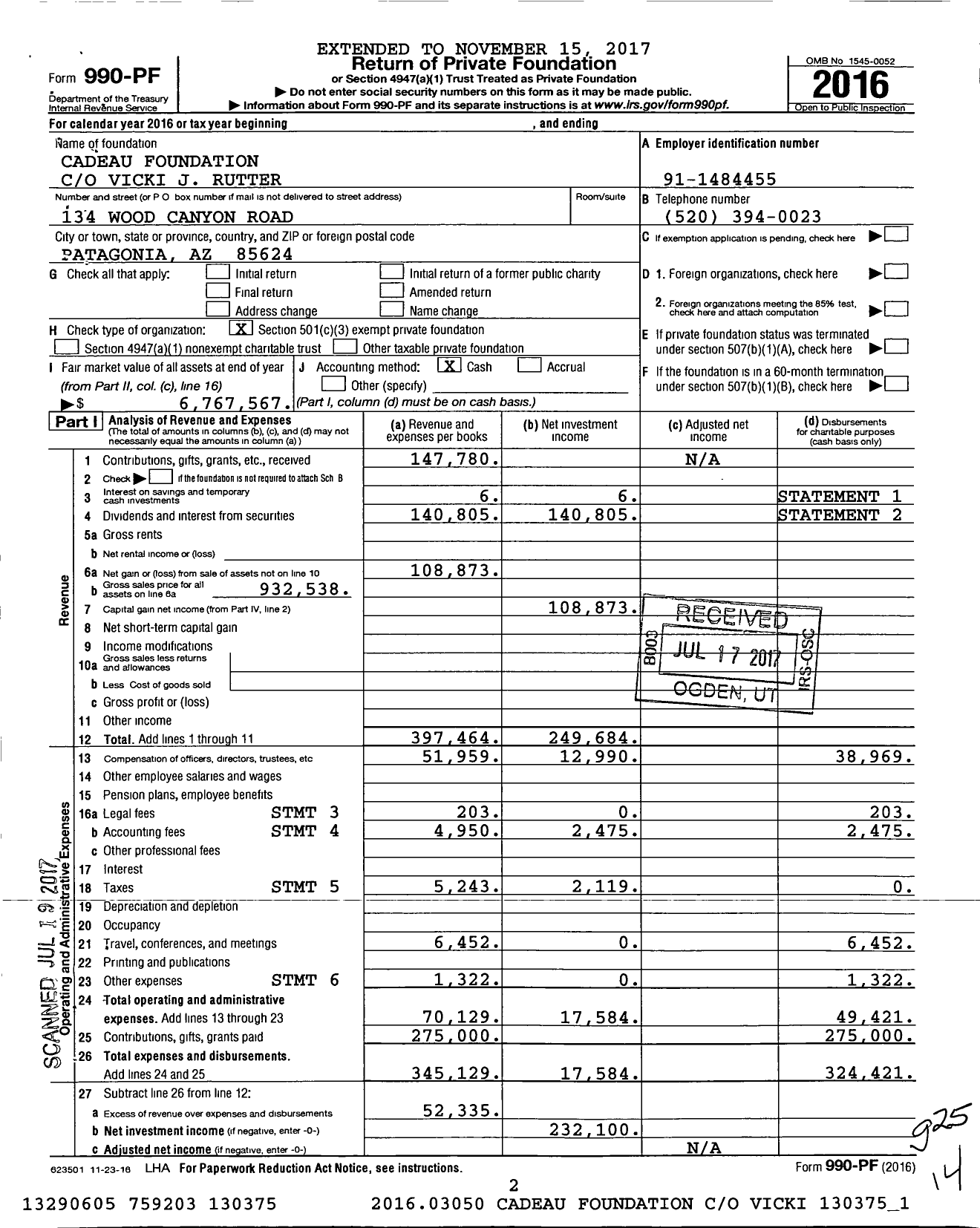 Image of first page of 2016 Form 990PF for Cadeau Foundation