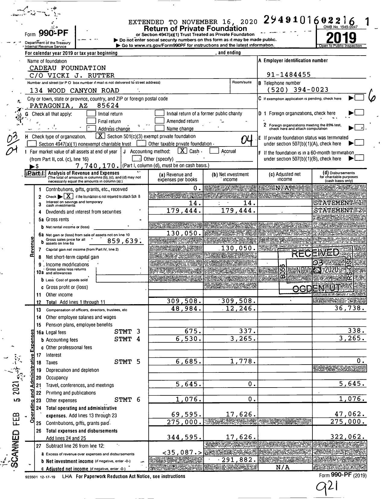 Image of first page of 2019 Form 990PF for Cadeau Foundation