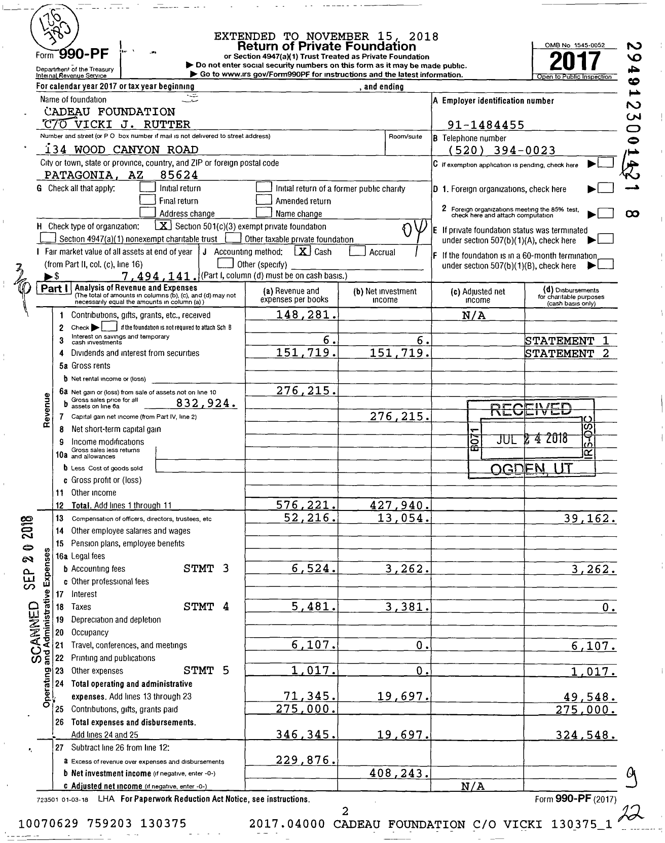 Image of first page of 2017 Form 990PF for Cadeau Foundation