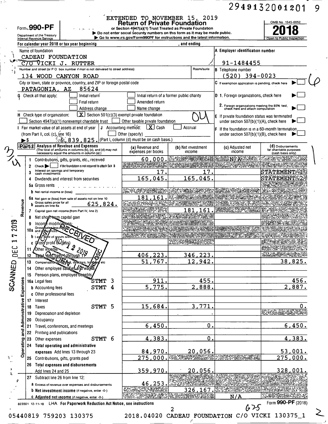 Image of first page of 2018 Form 990PF for Cadeau Foundation