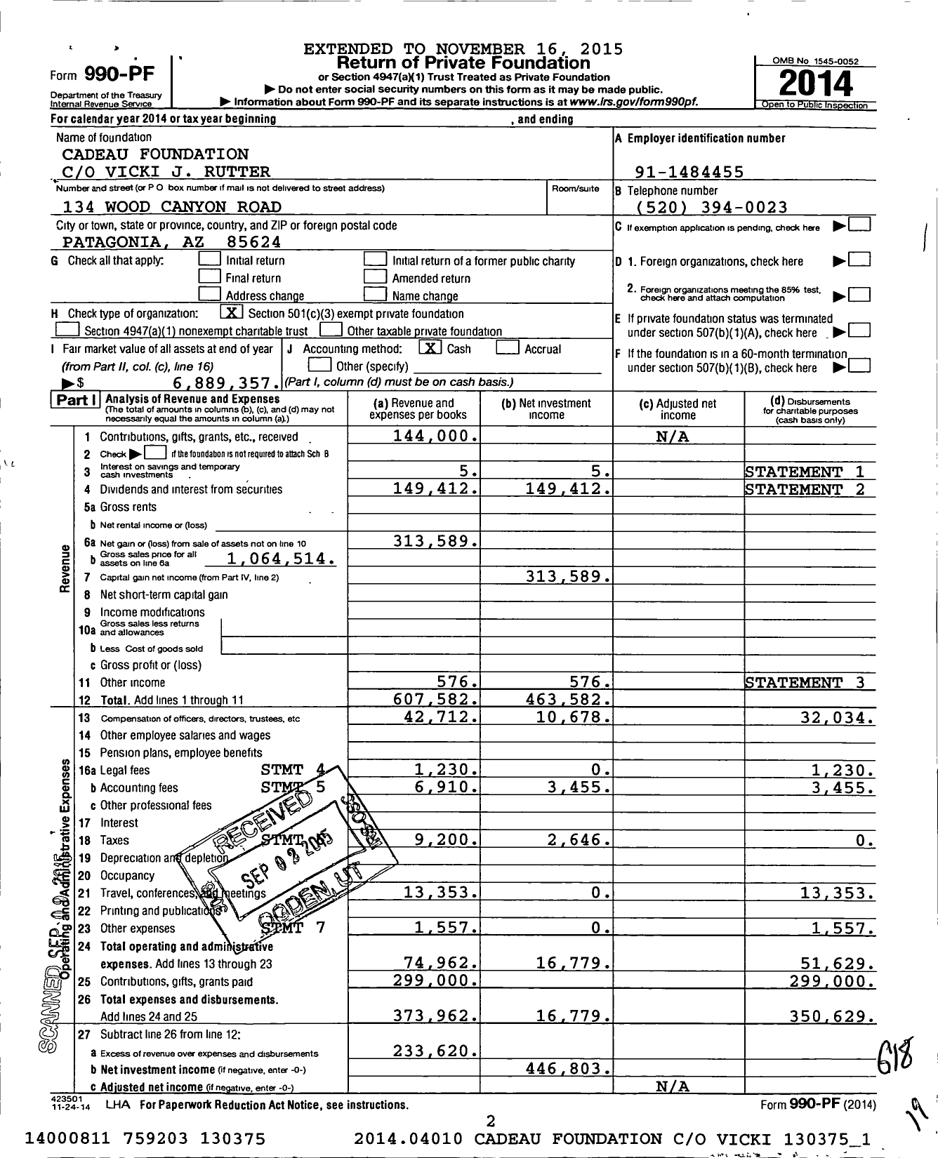 Image of first page of 2014 Form 990PF for Cadeau Foundation