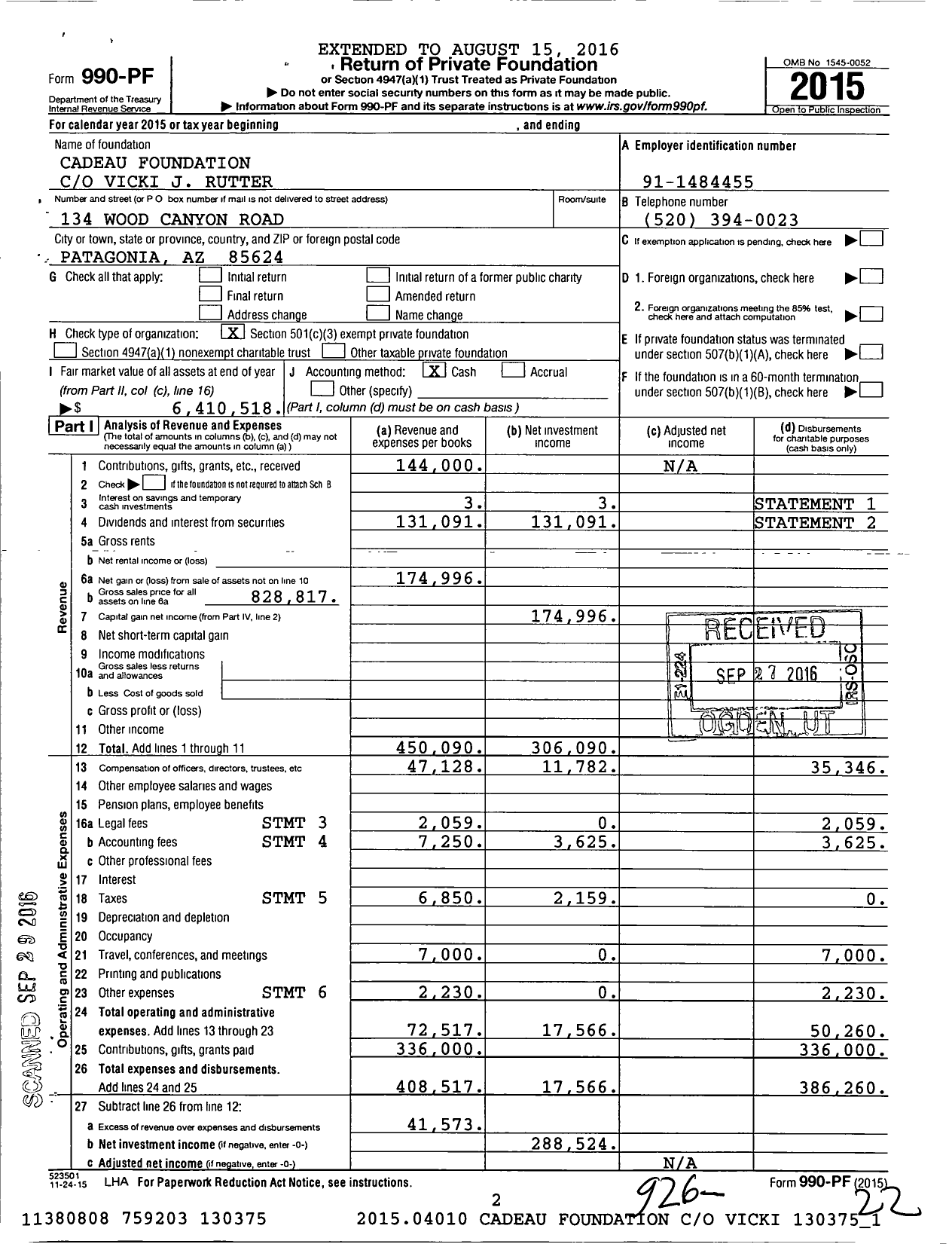 Image of first page of 2015 Form 990PF for Cadeau Foundation