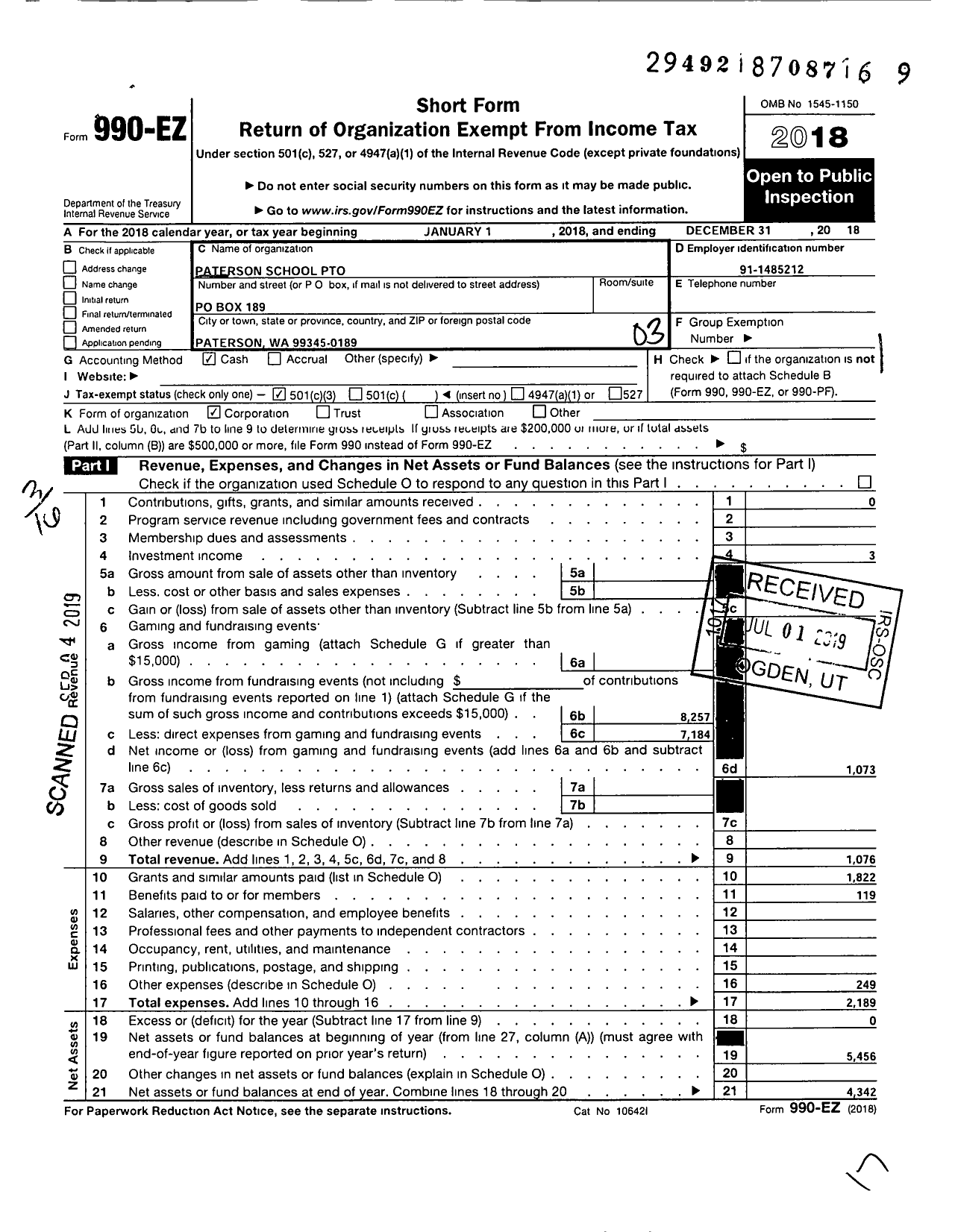 Image of first page of 2018 Form 990EZ for Paterson School Pto