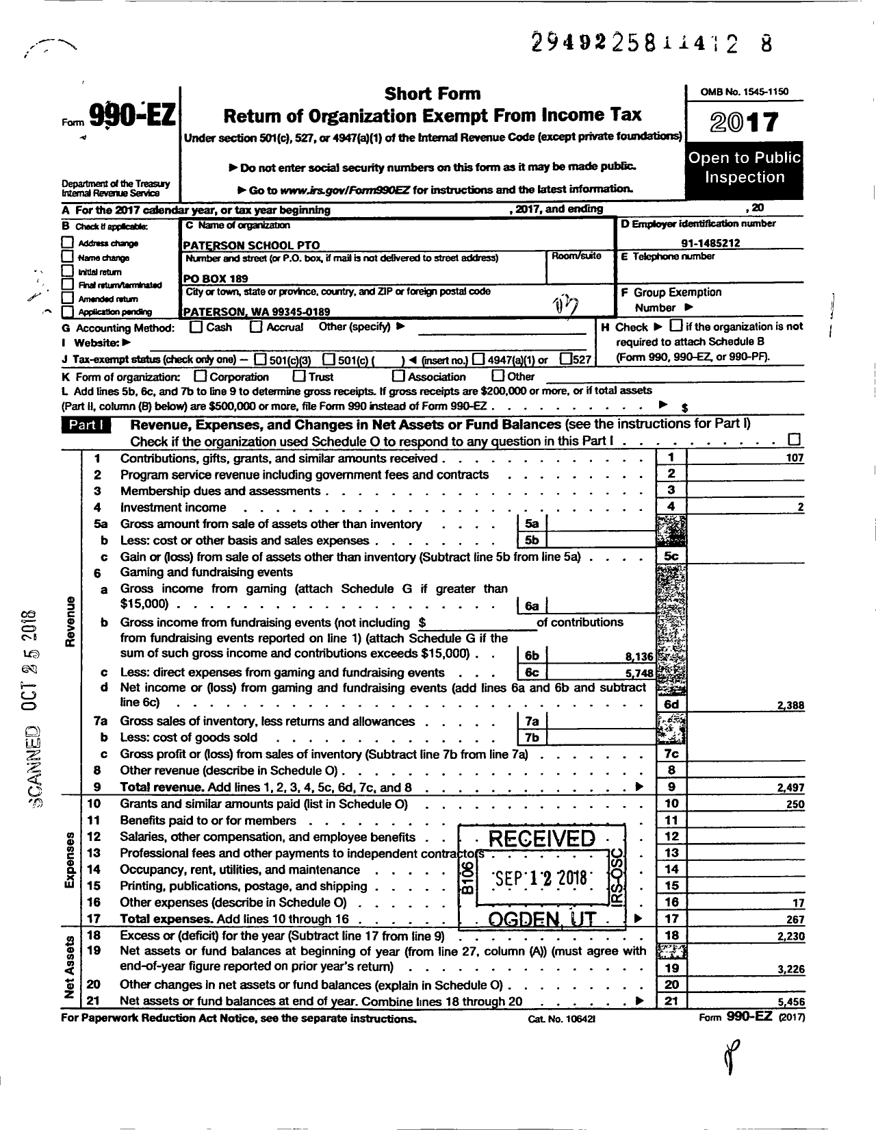 Image of first page of 2017 Form 990EZ for Paterson School Pto