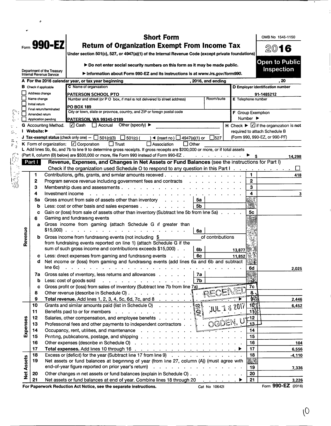 Image of first page of 2016 Form 990EO for Paterson School Pto