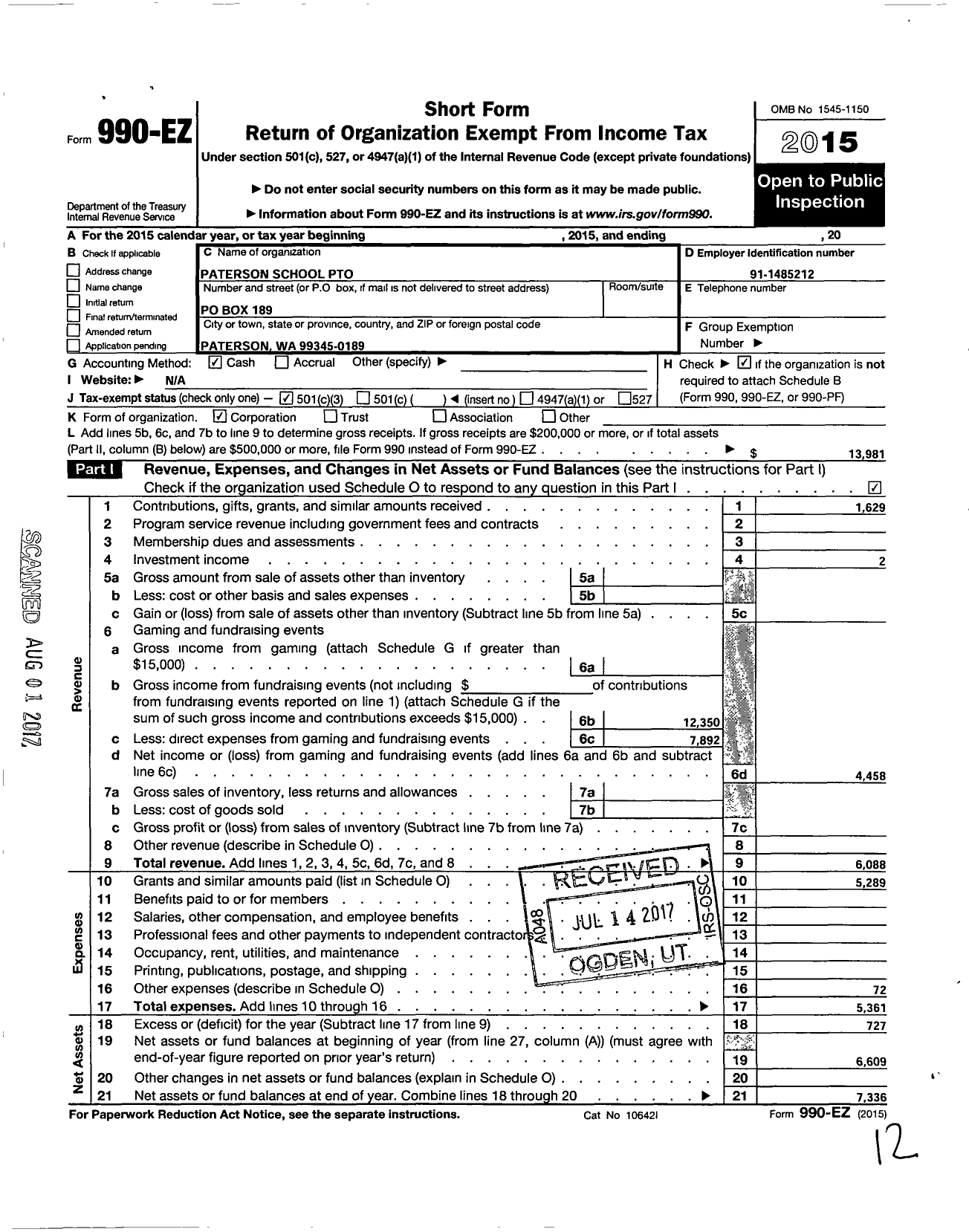 Image of first page of 2015 Form 990EZ for Paterson School Pto