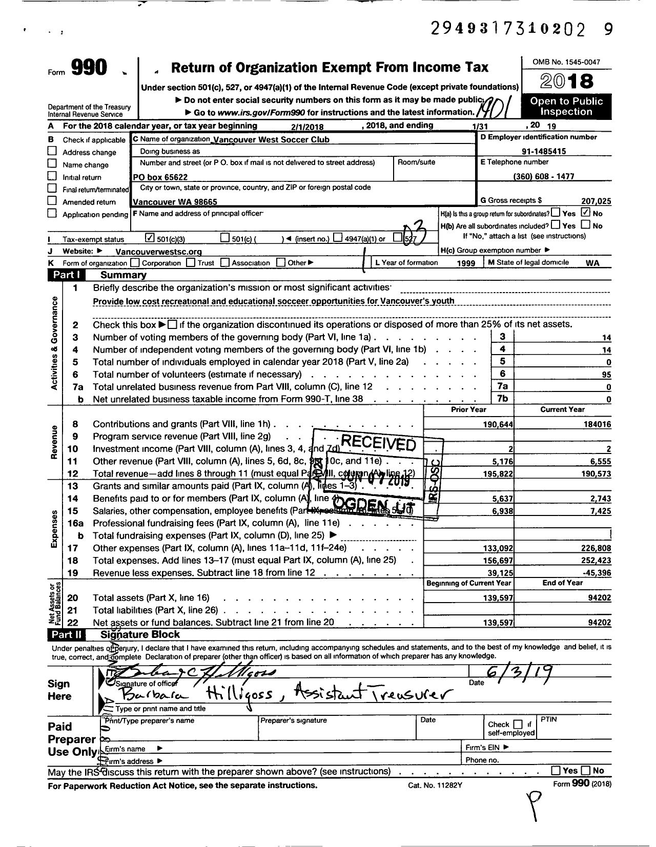 Image of first page of 2018 Form 990 for Vancouver West Soccer Club