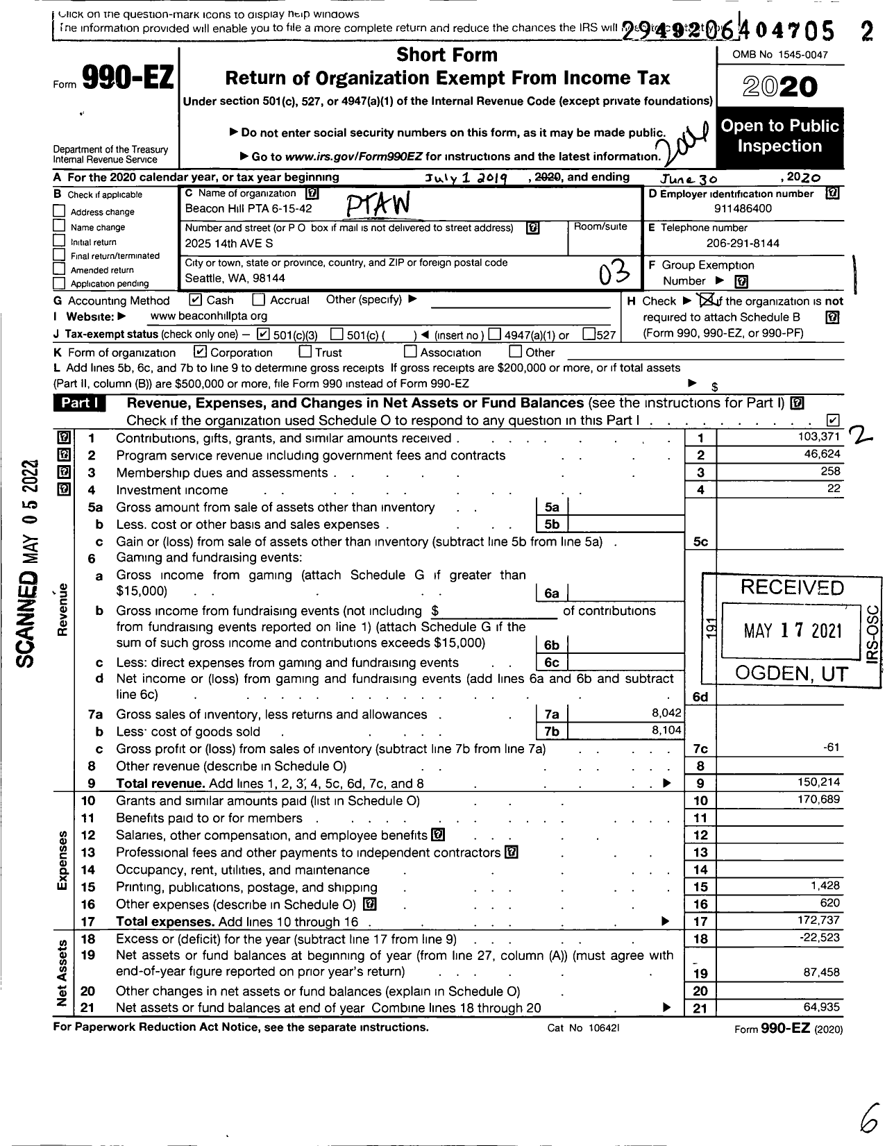 Image of first page of 2019 Form 990EZ for Beacon Hill PTA 6-15-42