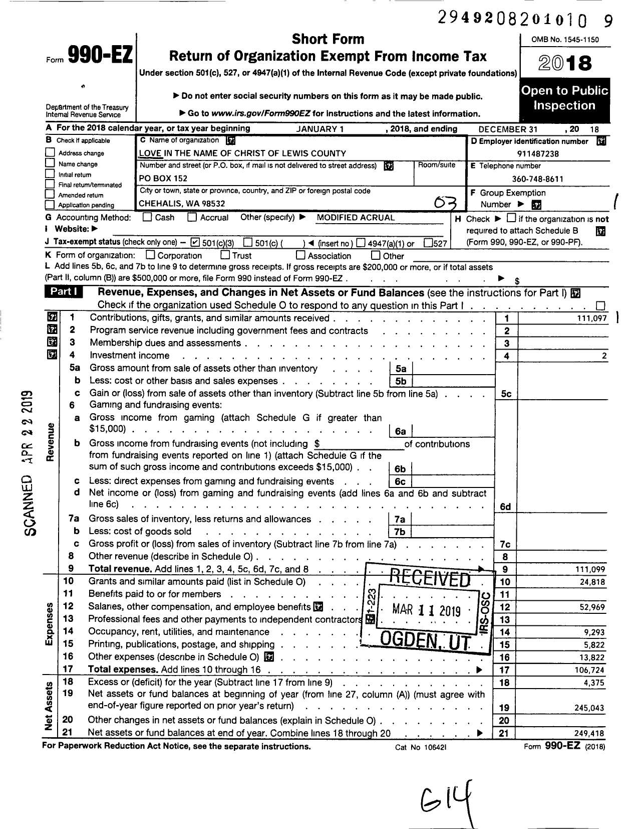 Image of first page of 2018 Form 990EZ for Love in the Name of Christ of Lewis County