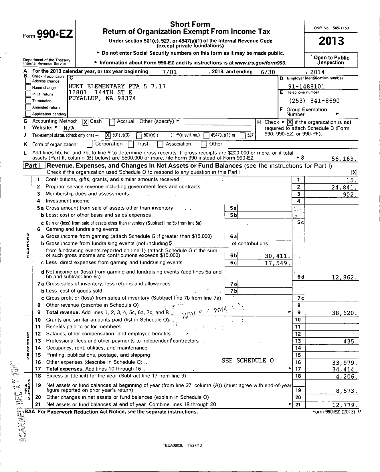 Image of first page of 2013 Form 990EZ for Hunt PTA 5-7-17