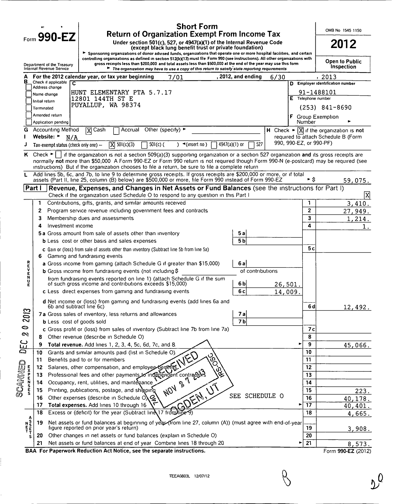 Image of first page of 2012 Form 990EZ for Hunt PTA 5-7-17