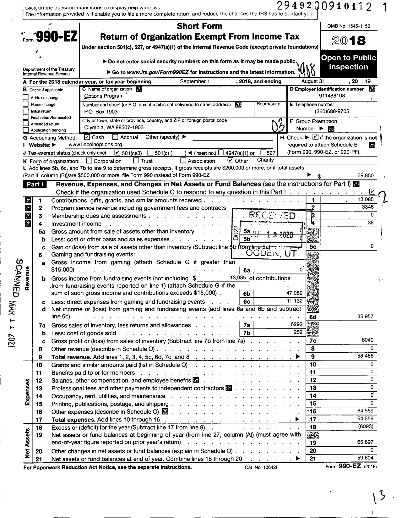 Image of first page of 2018 Form 990EZ for Options Program