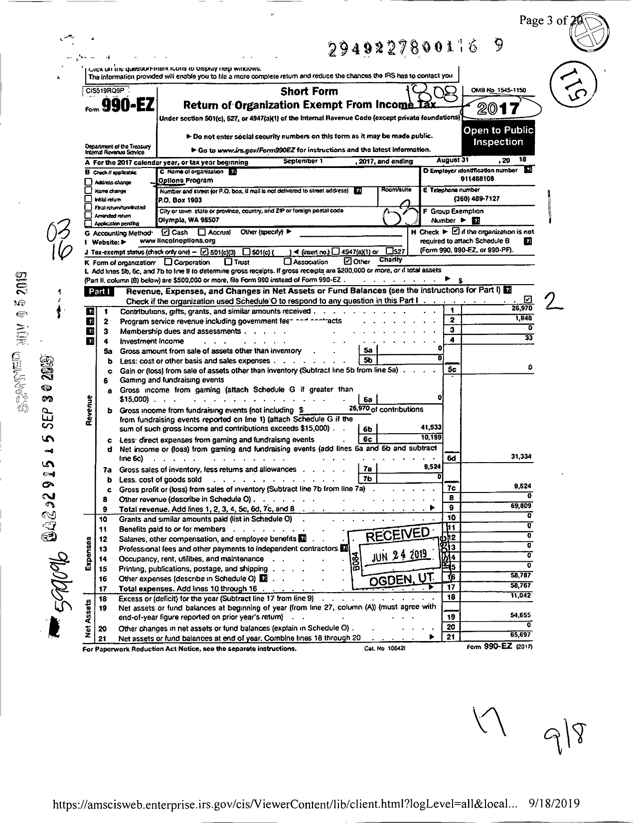 Image of first page of 2017 Form 990EZ for Options Program