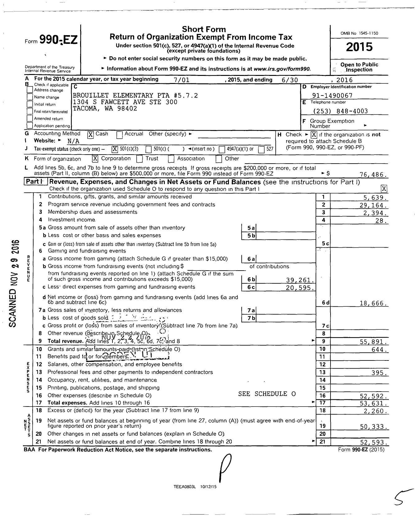 Image of first page of 2015 Form 990EZ for Brouillet Elementary PTA #572