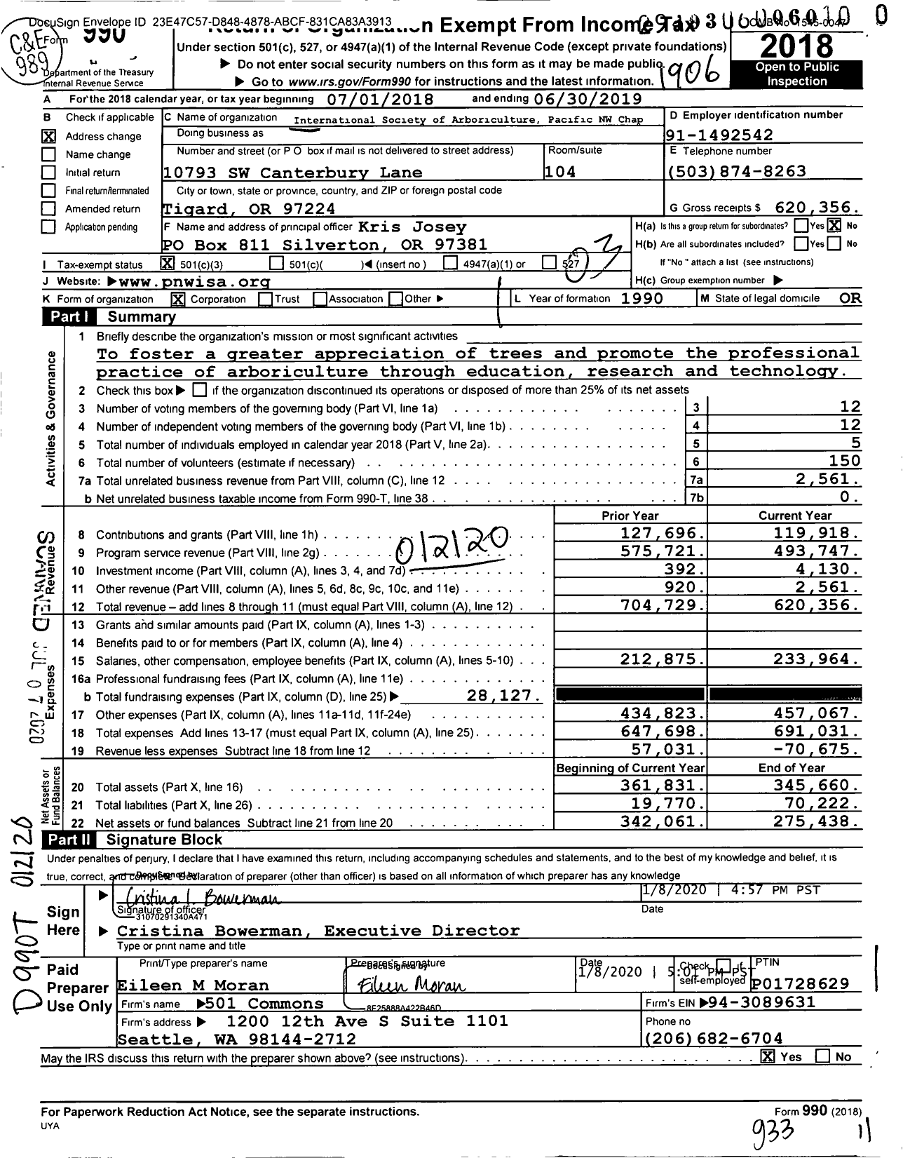 Image of first page of 2018 Form 990 for Pacific Northwest Chapter of the International Society of Arboriculture