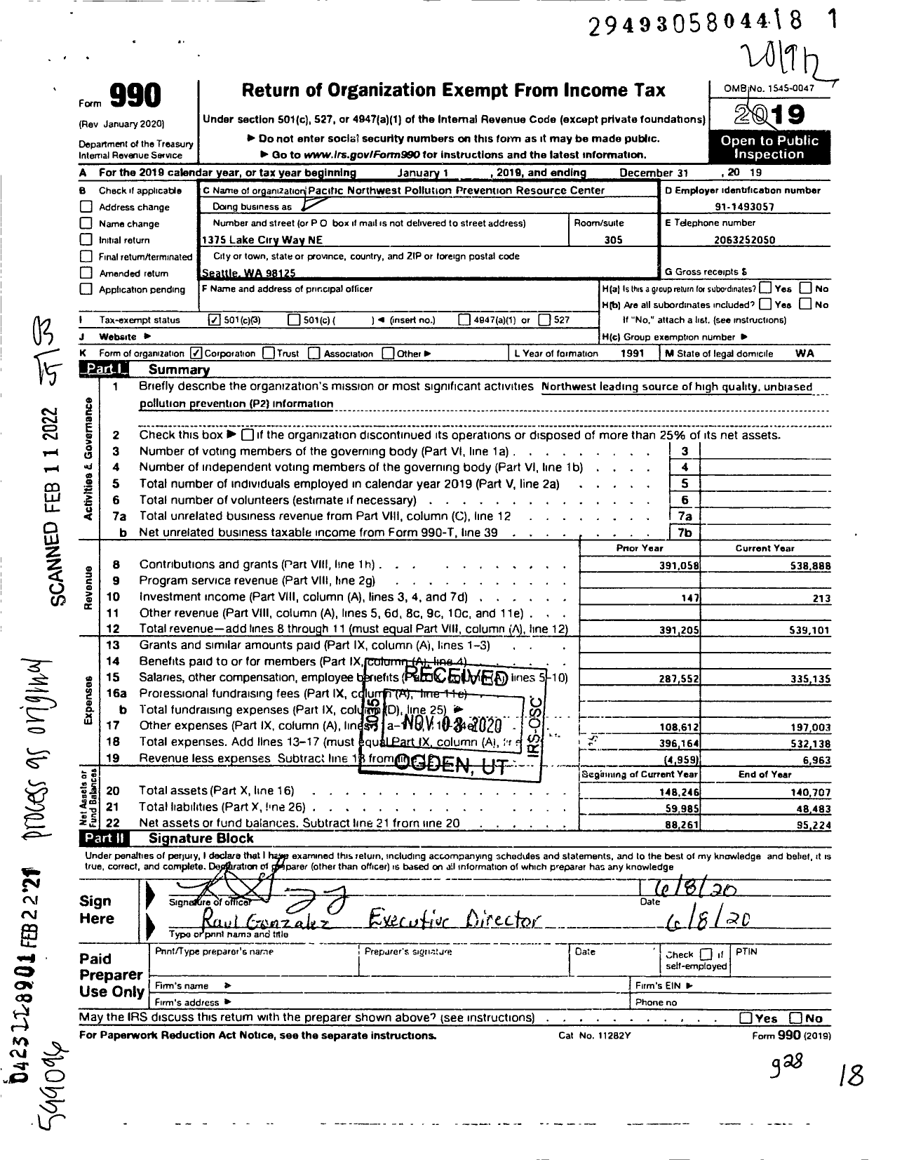 Image of first page of 2019 Form 990 for Pacific Northwest Pollution Prevention Resource Center (PPRC)