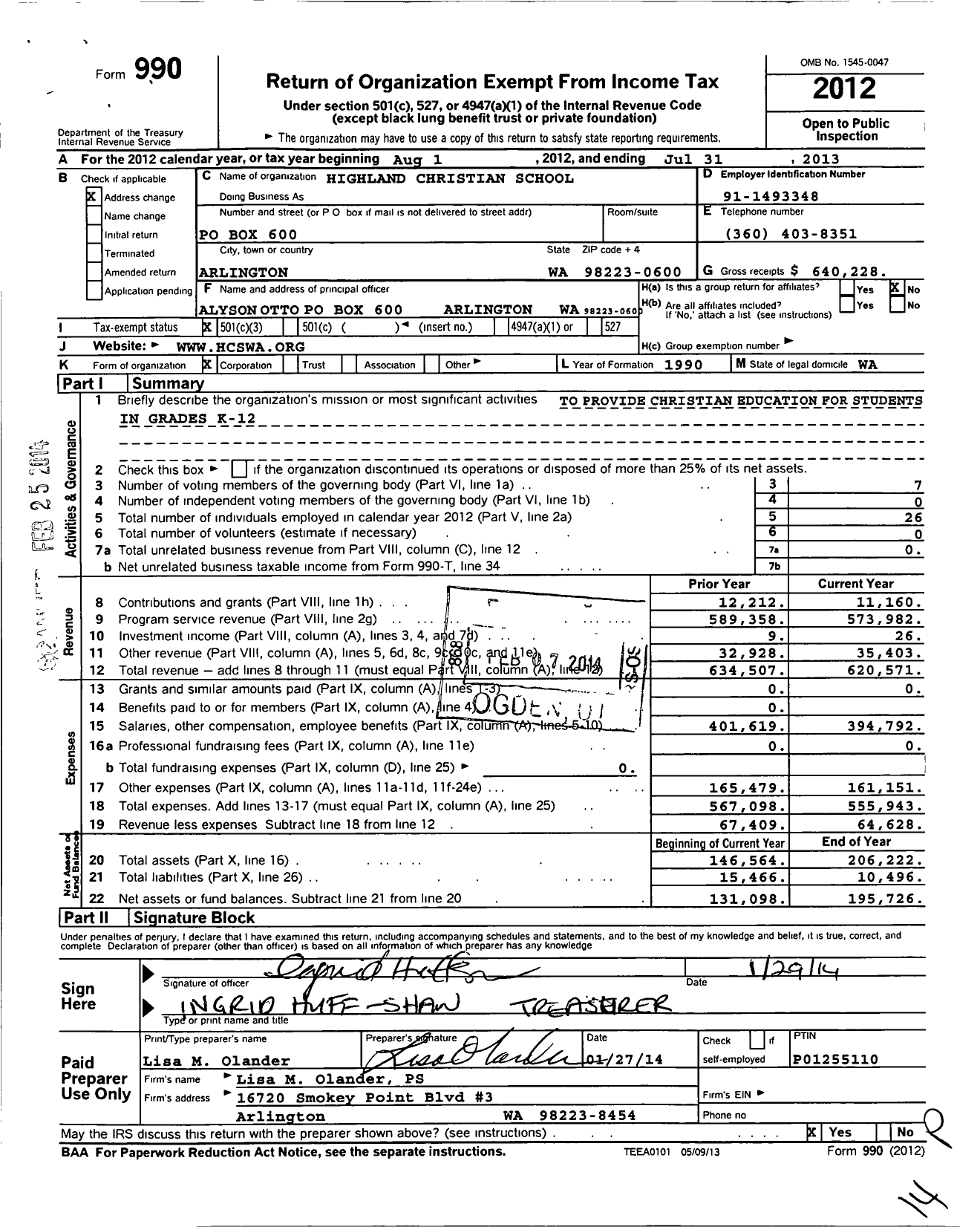 Image of first page of 2012 Form 990 for Highland Christian School