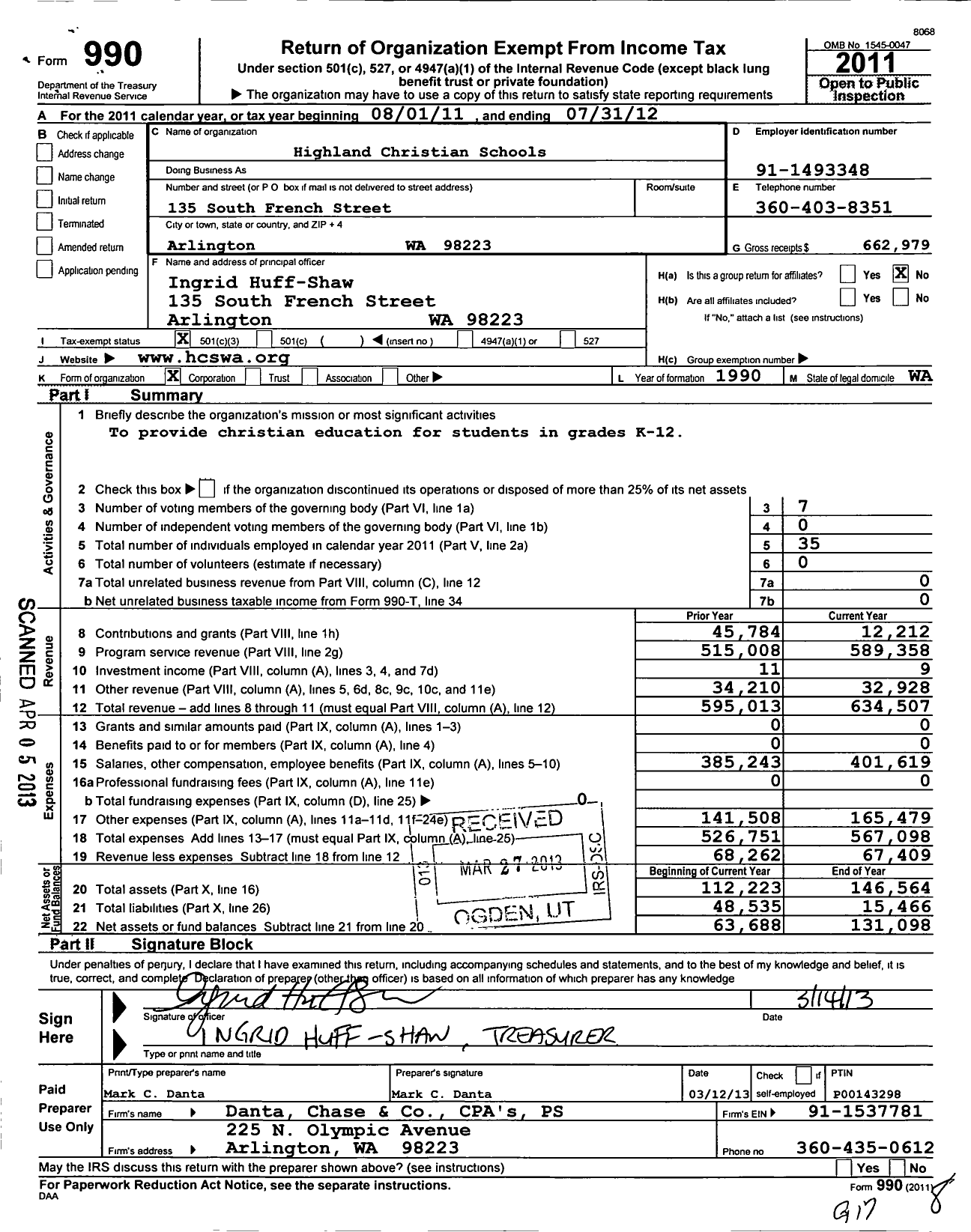 Image of first page of 2011 Form 990 for Highland Christian School