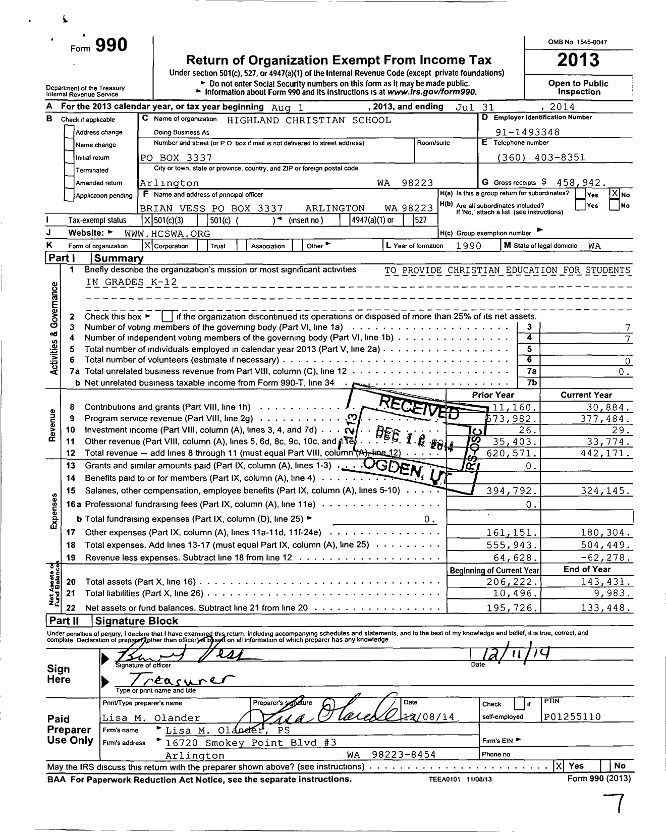 Image of first page of 2013 Form 990 for Highland Christian School