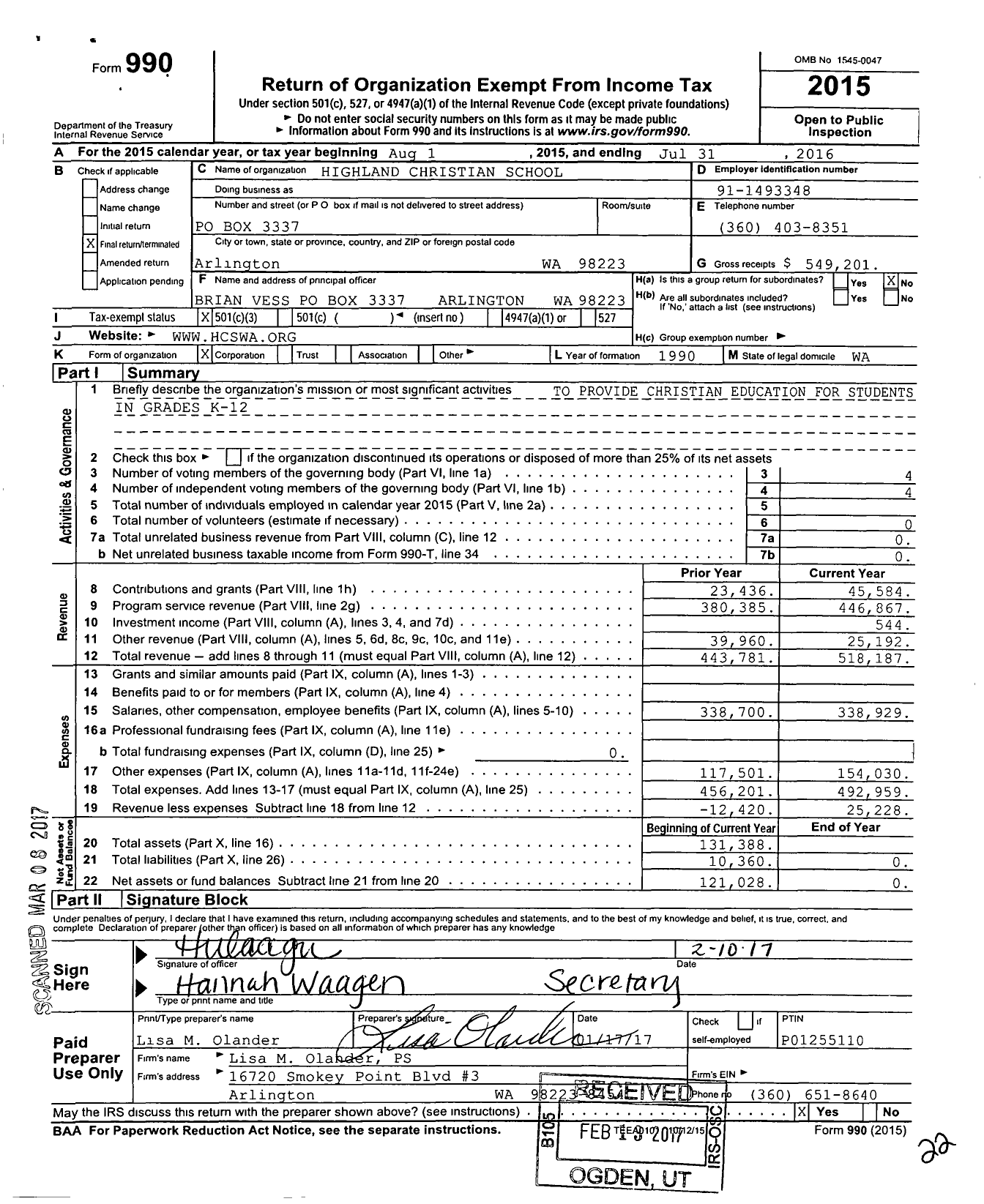 Image of first page of 2015 Form 990 for Highland Christian School