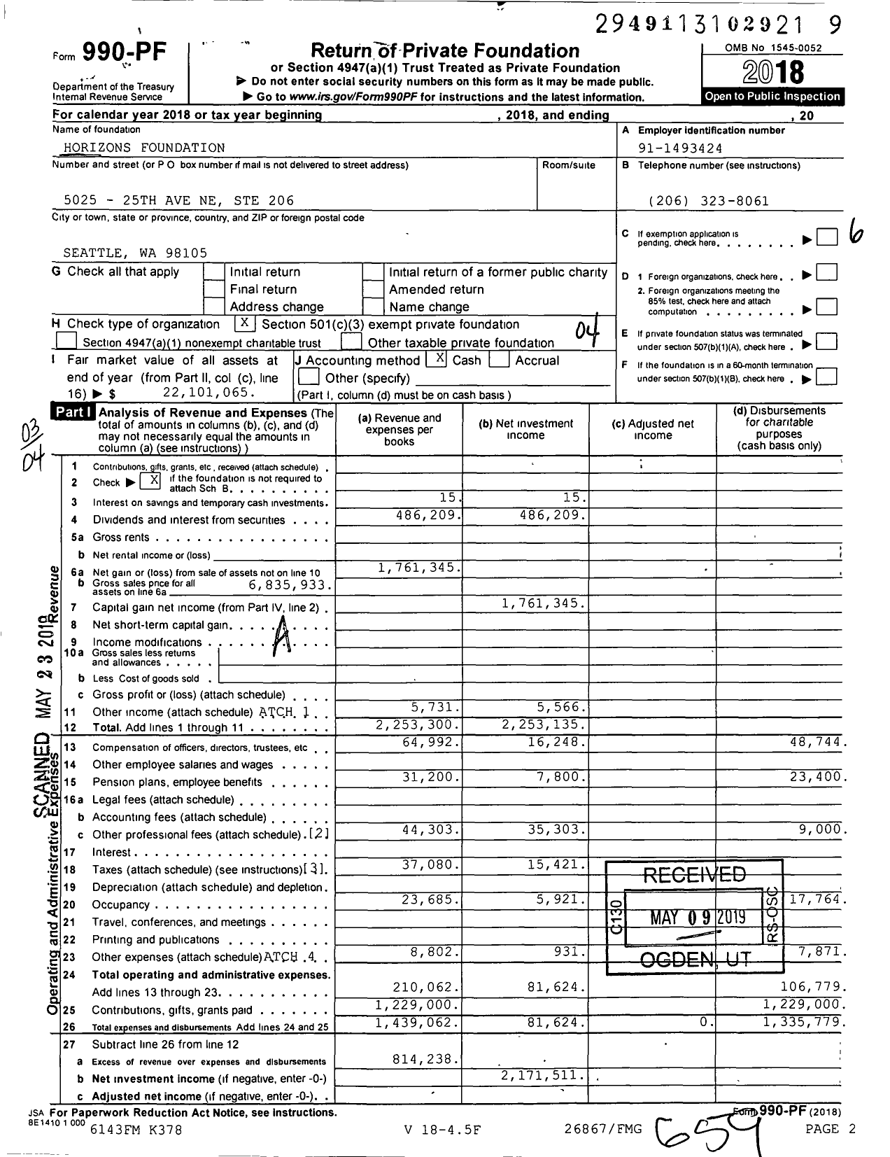 Image of first page of 2018 Form 990PF for Horizons Foundation