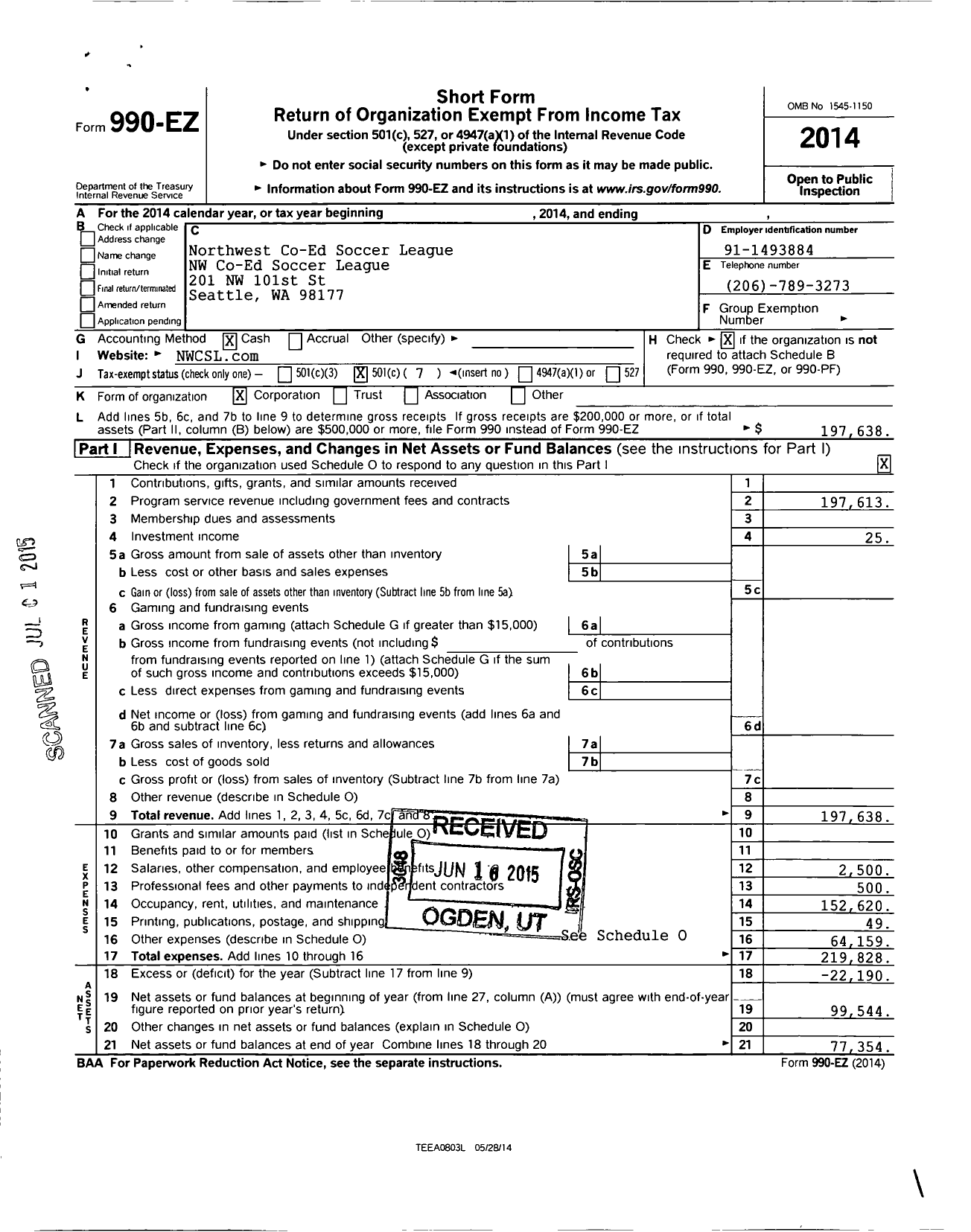 Image of first page of 2014 Form 990EO for Northwest Co-Ed Soccer League