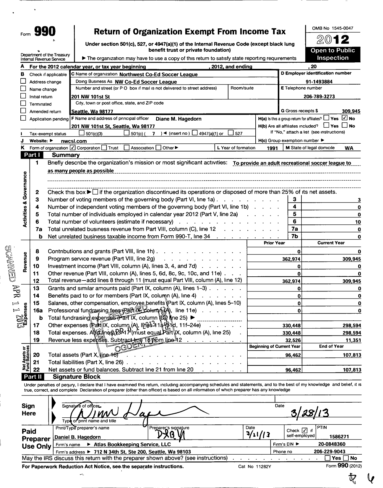 Image of first page of 2012 Form 990O for Northwest Co-Ed Soccer League