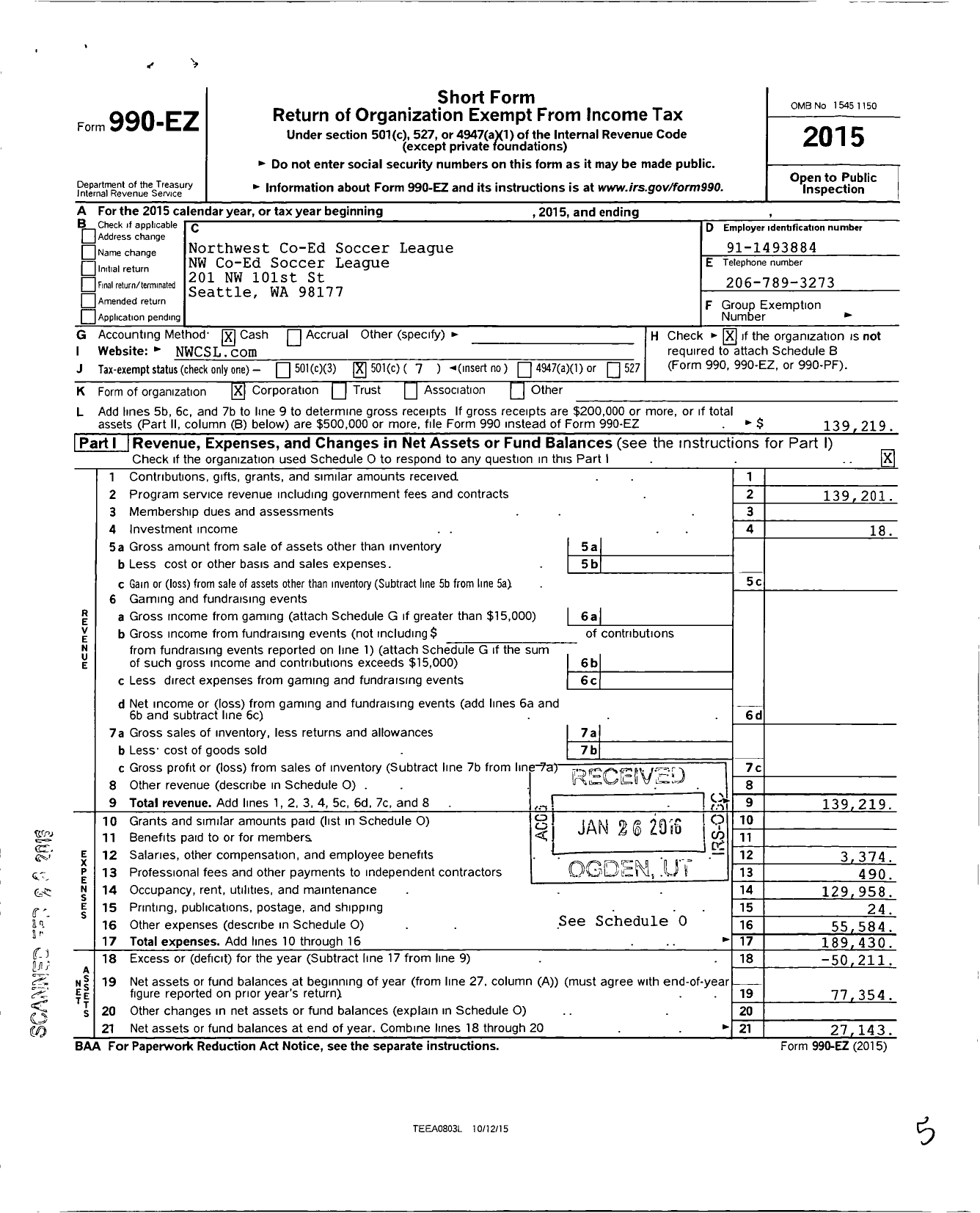 Image of first page of 2015 Form 990EO for Northwest Co-Ed Soccer League