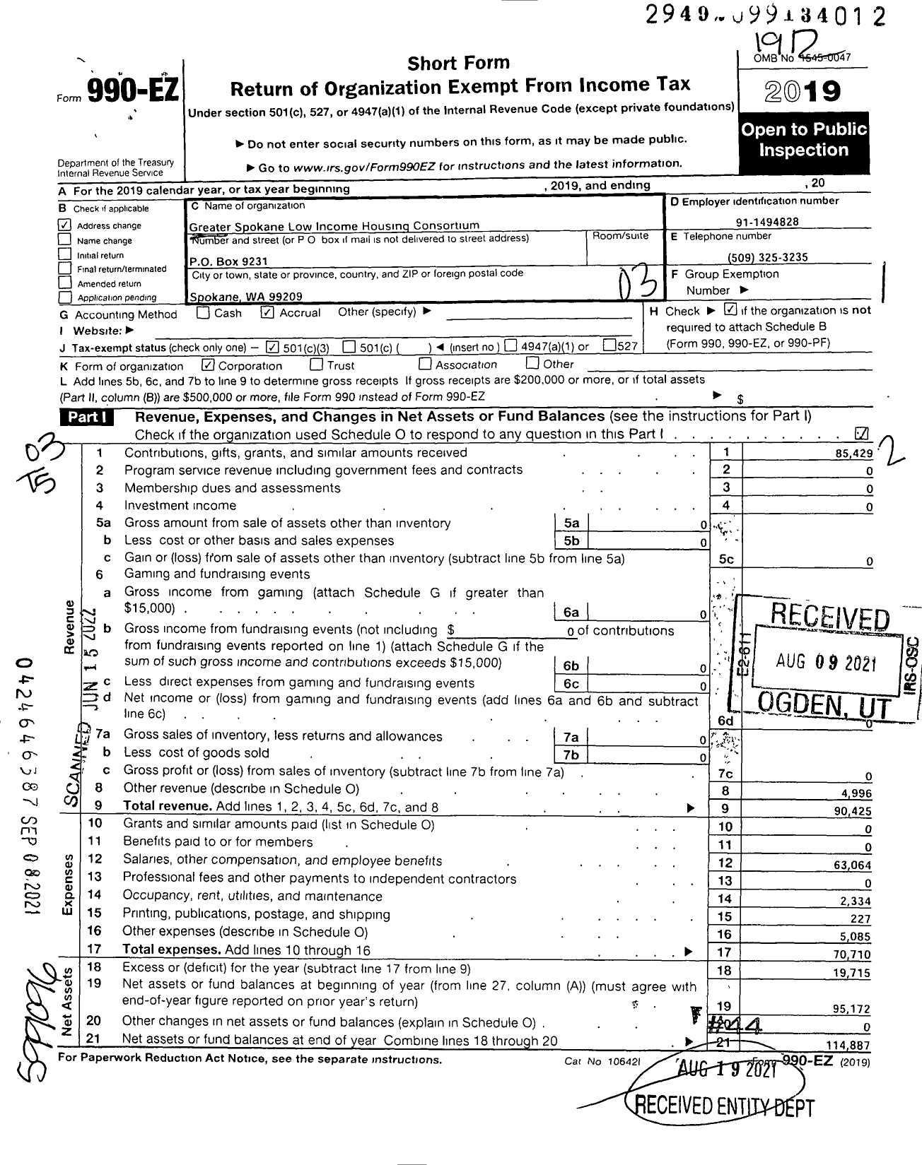 Image of first page of 2019 Form 990EZ for Greater Spokane Low Income Housing