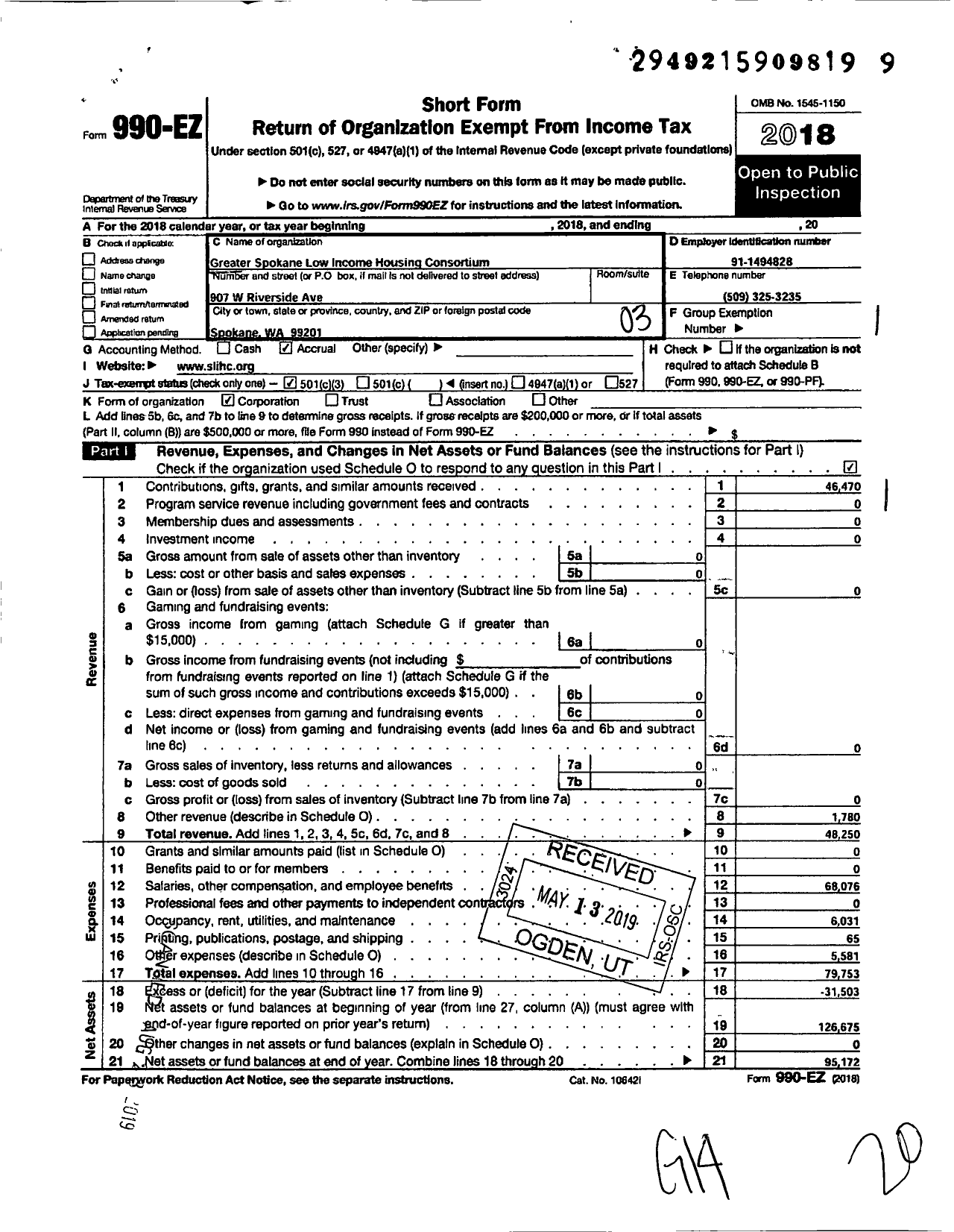 Image of first page of 2018 Form 990EZ for Greater Spokane Low Income Housing