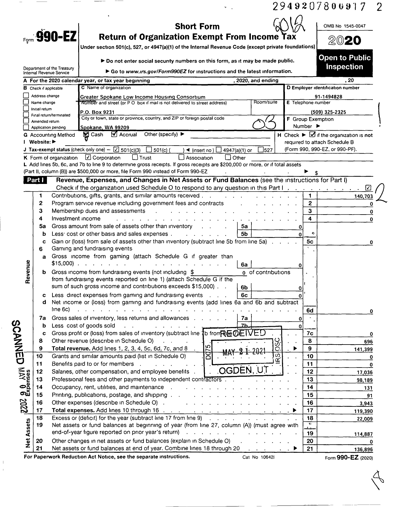 Image of first page of 2020 Form 990EZ for Greater Spokane Low Income Housing