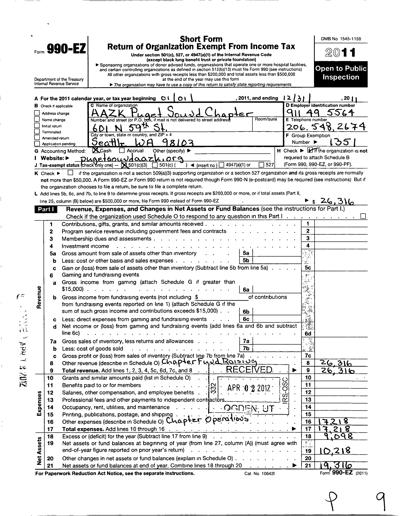 Image of first page of 2011 Form 990EZ for American Association of Zoo Keepers / Puget Sound Chapter