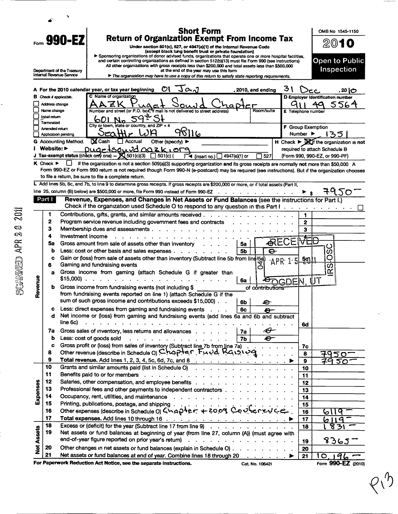 Image of first page of 2010 Form 990EZ for American Association of Zoo Keepers / Puget Sound Chapter