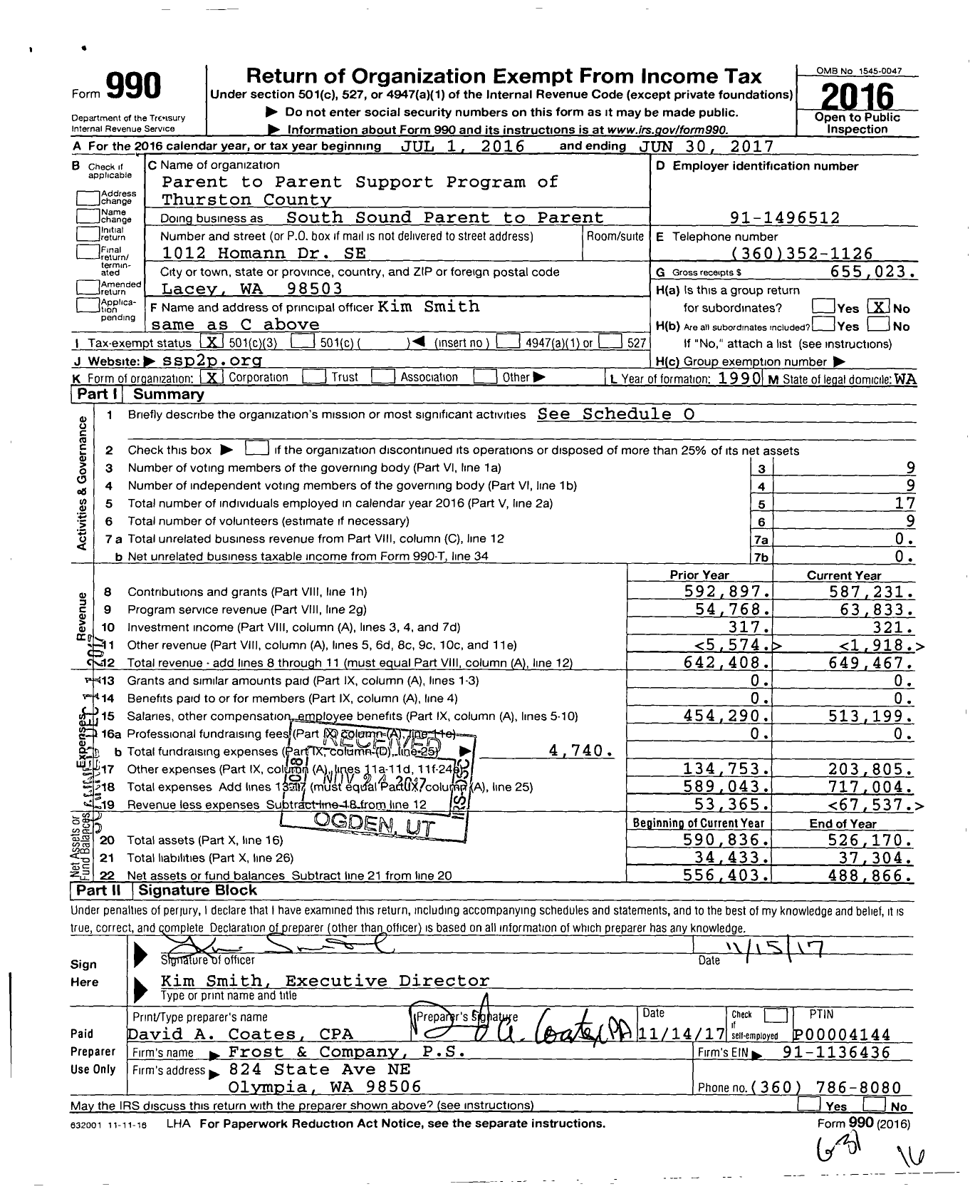 Image of first page of 2016 Form 990 for South Sound Parent to Parent