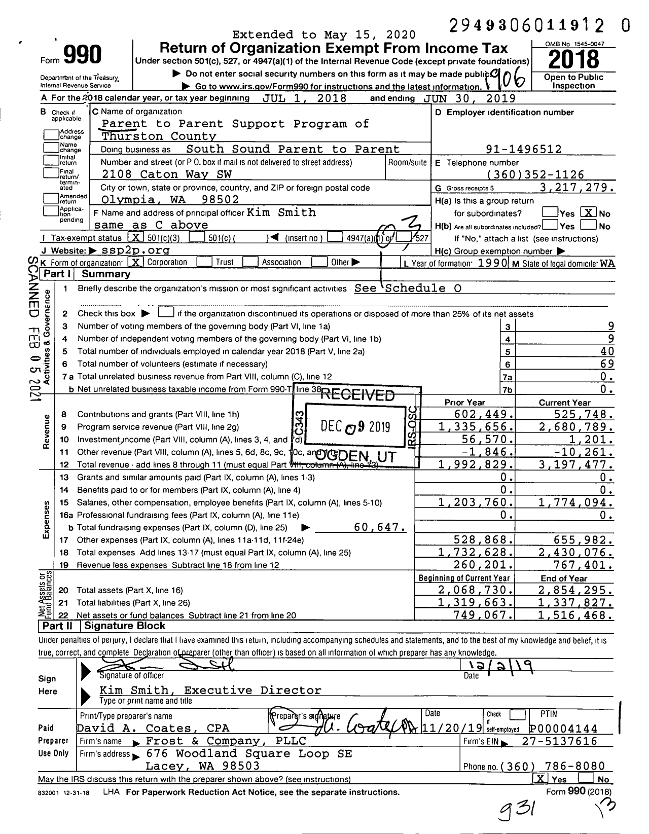 Image of first page of 2018 Form 990 for South Sound Parent to Parent