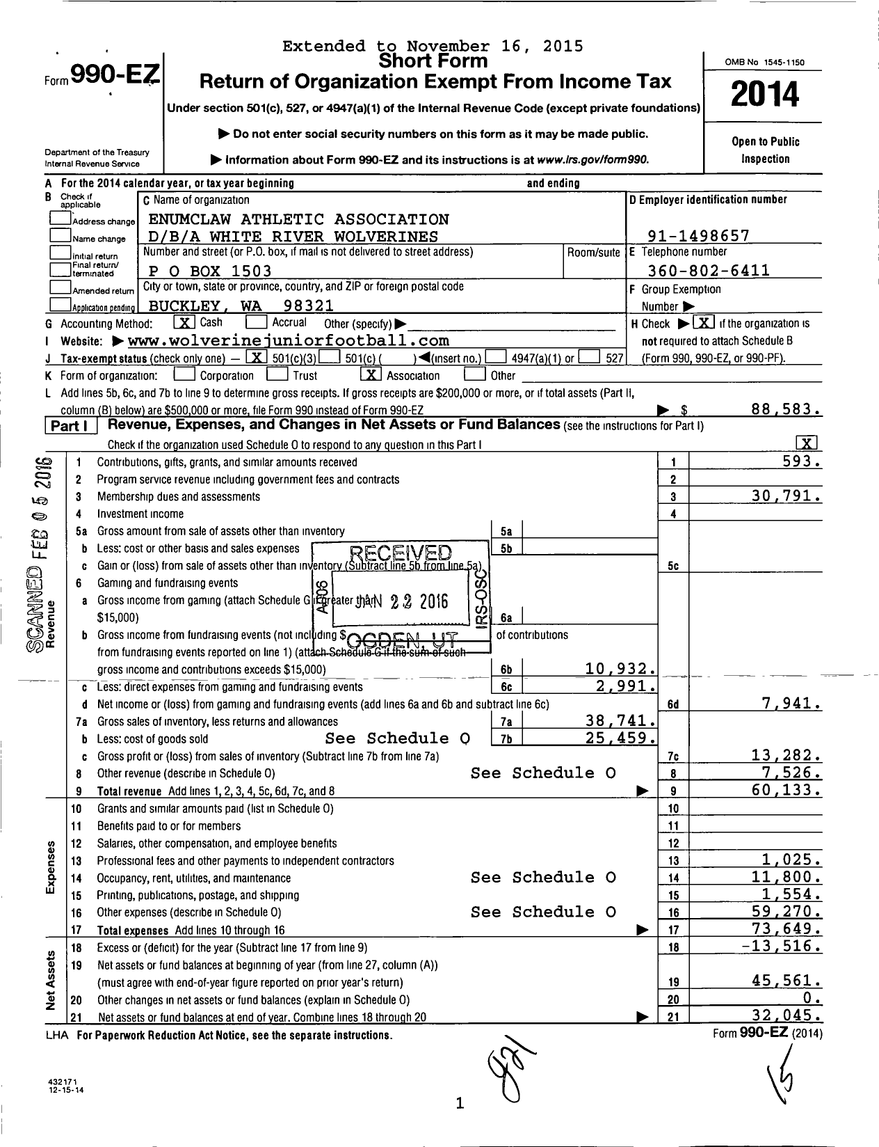 Image of first page of 2014 Form 990EZ for Enumclaw Athletic Association