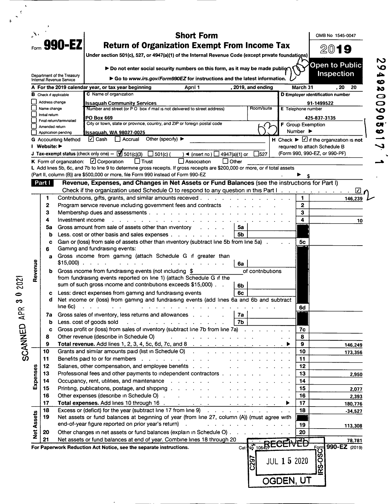 Image of first page of 2019 Form 990EZ for Issaquah Community Services