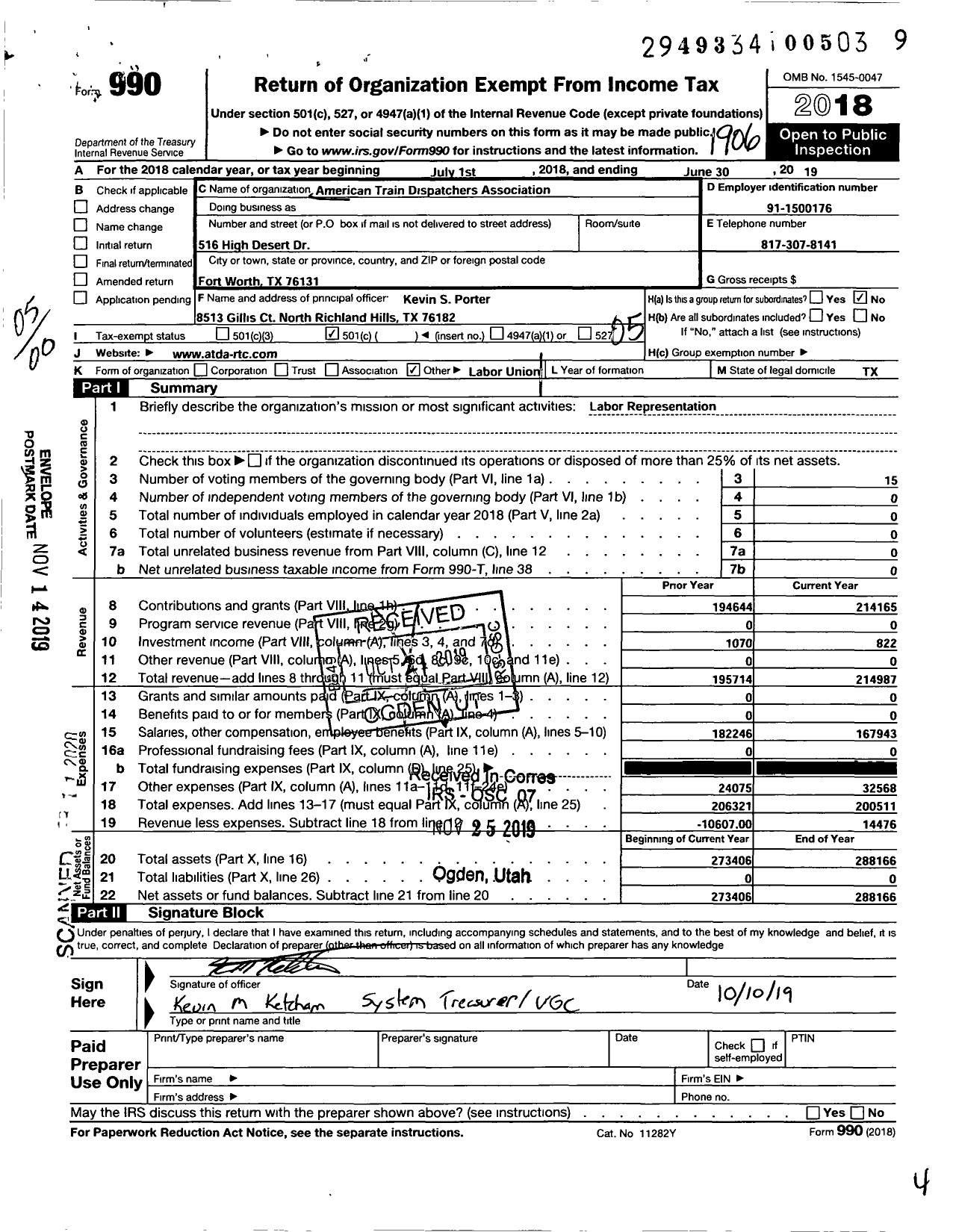 Image of first page of 2018 Form 990O for American Train Dispatchers Association / BNSF System Committee