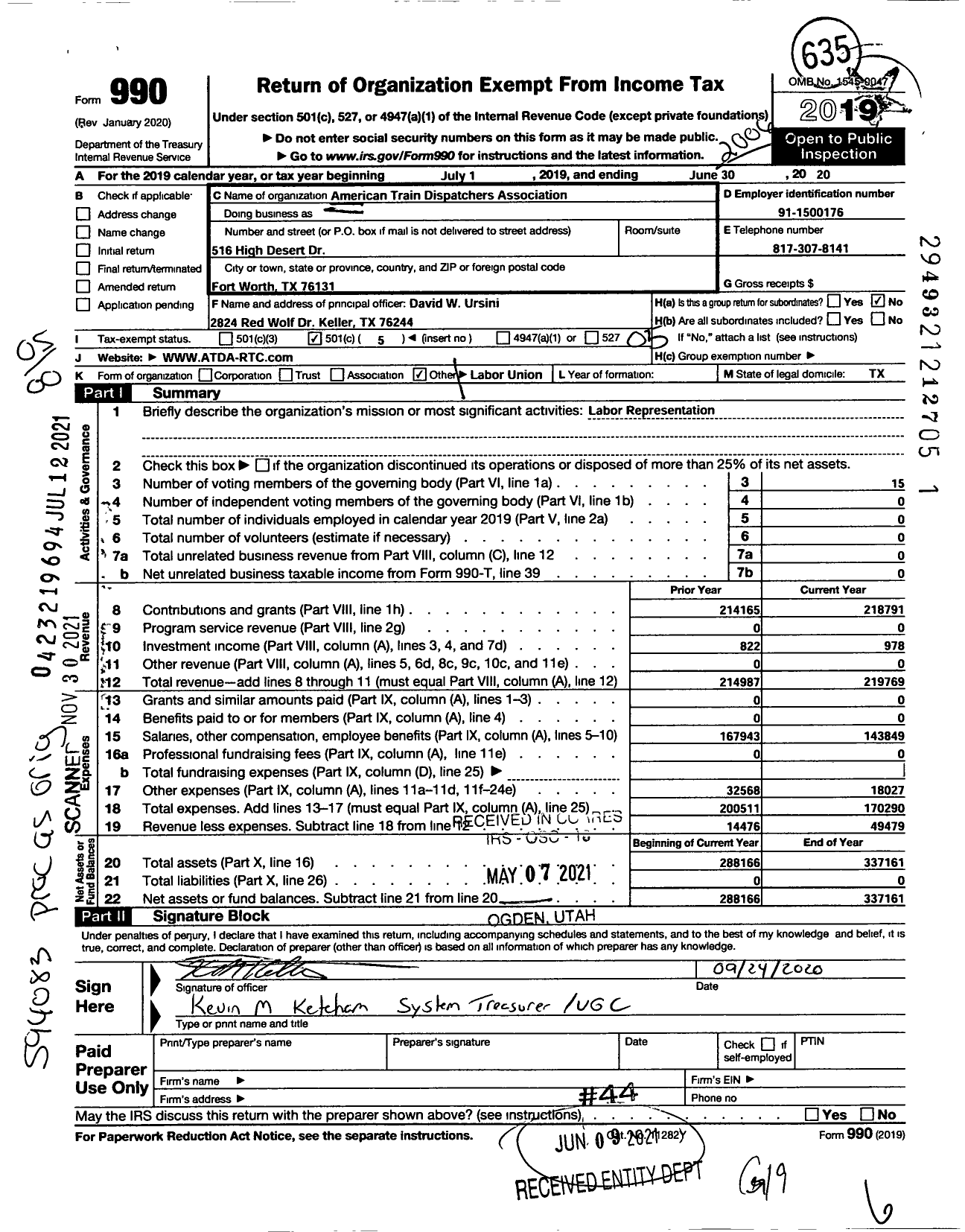 Image of first page of 2019 Form 990O for American Train Dispatchers Association / BNSF System Committee