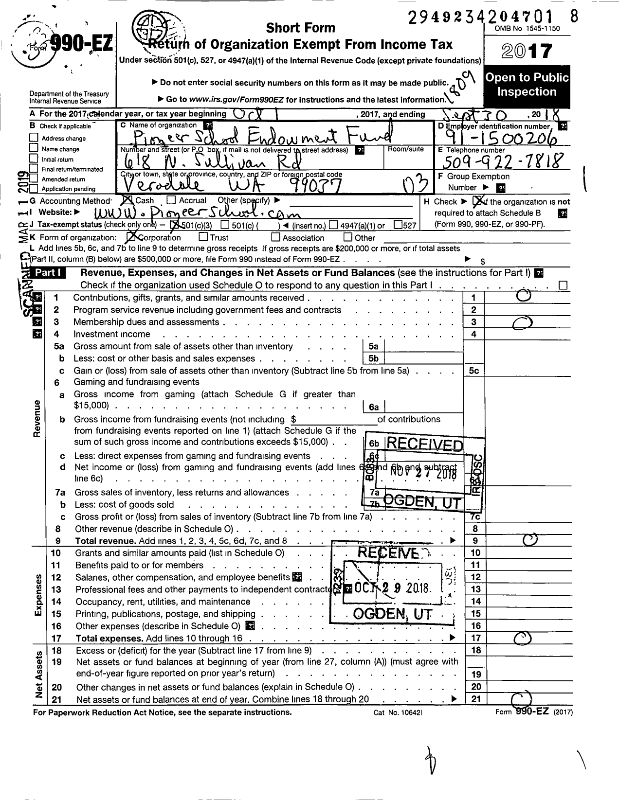 Image of first page of 2017 Form 990EZ for Pioneer School Endowment Fund