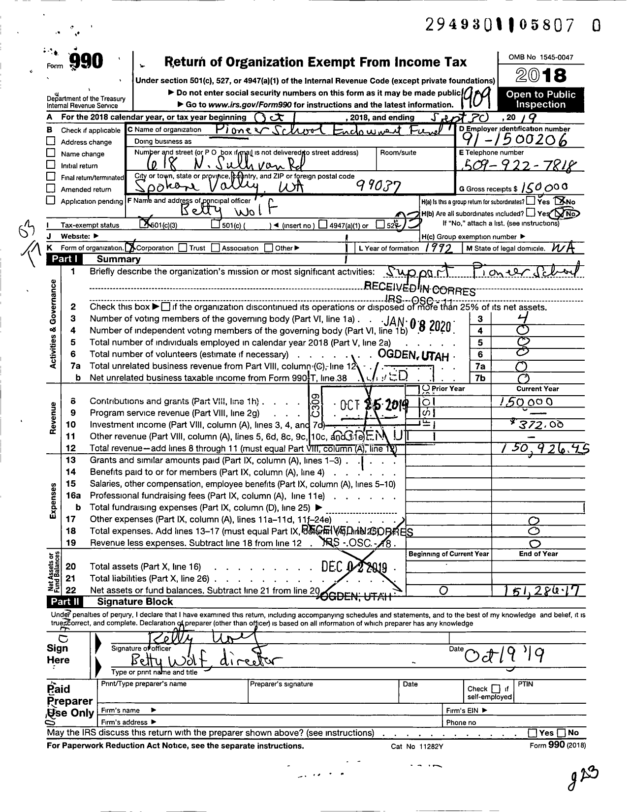 Image of first page of 2018 Form 990 for Pioneer School Endowment Fund