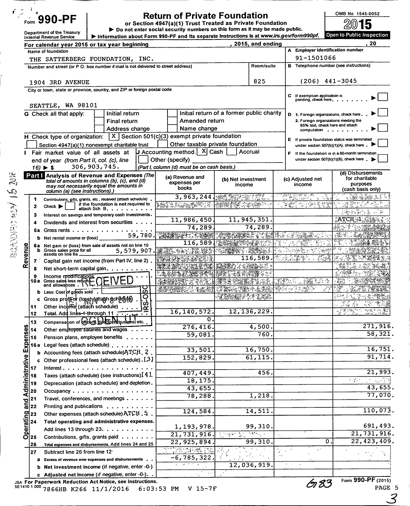 Image of first page of 2015 Form 990PF for Satterberg Foundation