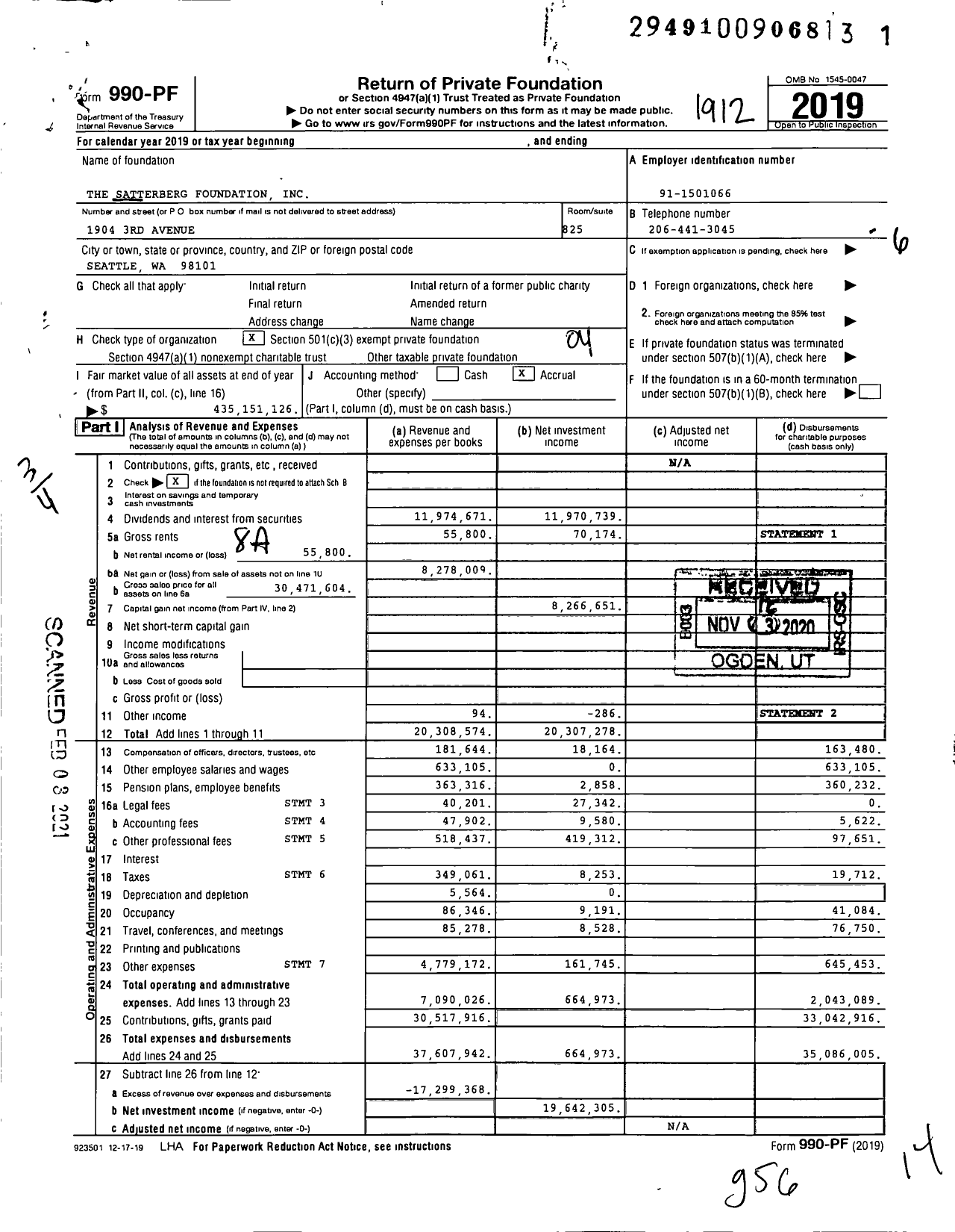 Image of first page of 2019 Form 990PF for Satterberg Foundation