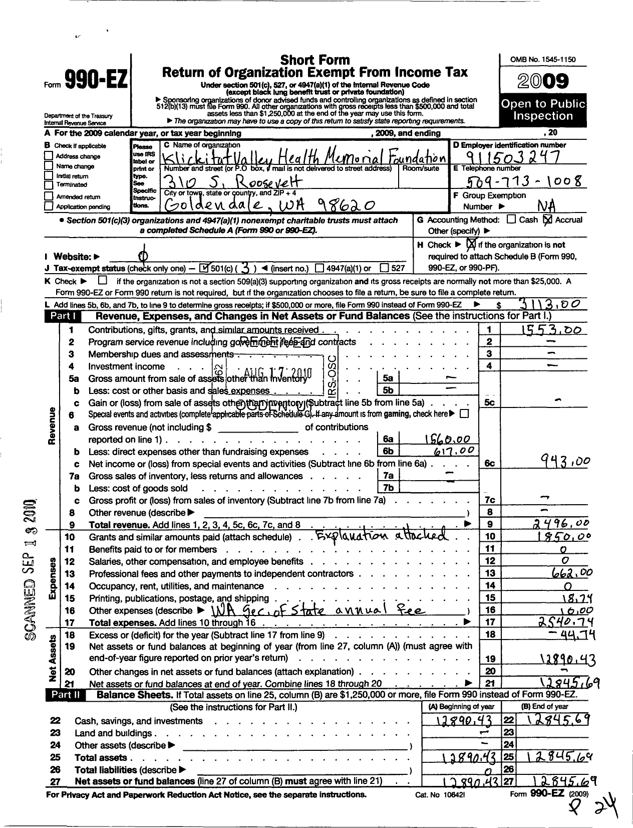 Image of first page of 2009 Form 990EZ for Klickitat Valley Health Memorial Foundation