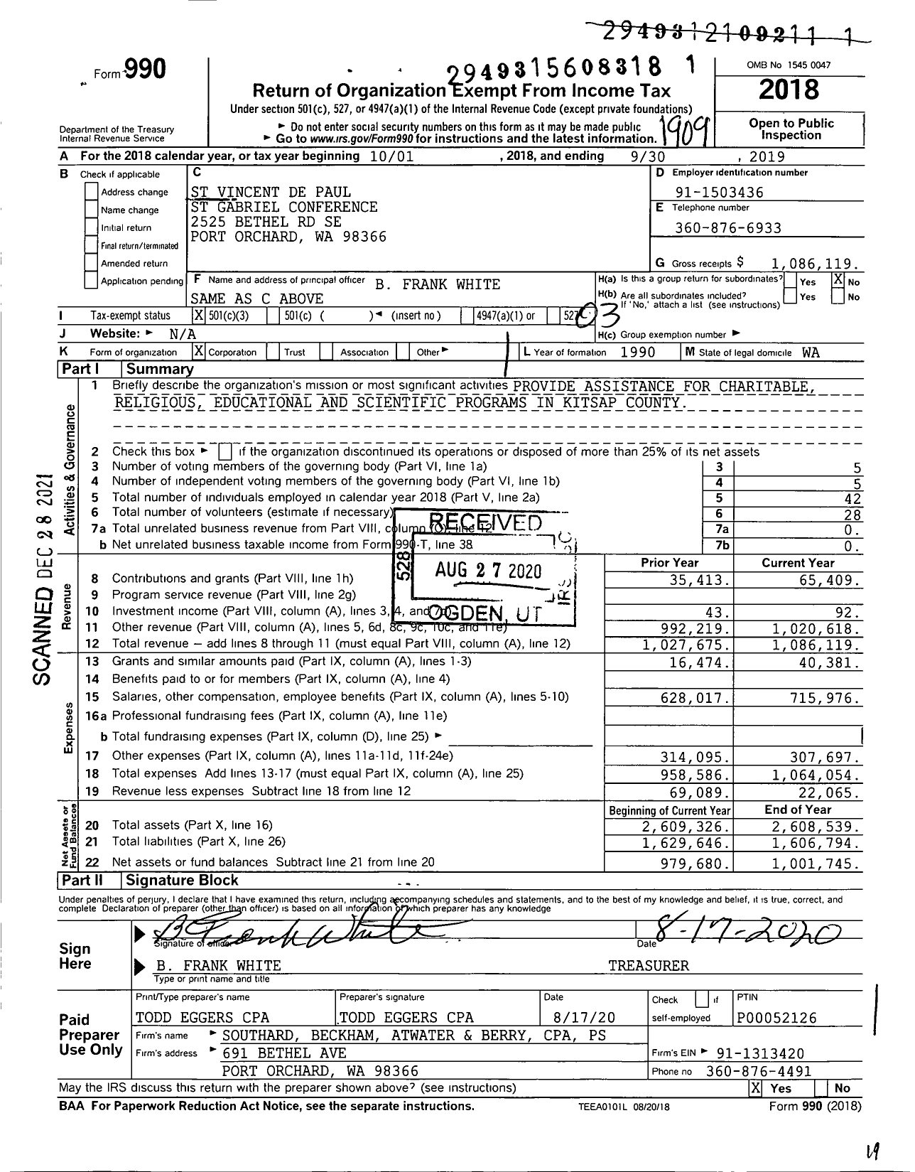 Image of first page of 2018 Form 990 for Saint Vincent de Paul St Gabriel Conference