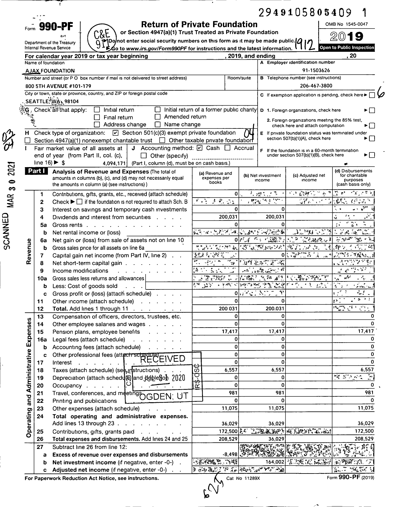 Image of first page of 2019 Form 990PF for Ajax Foundation
