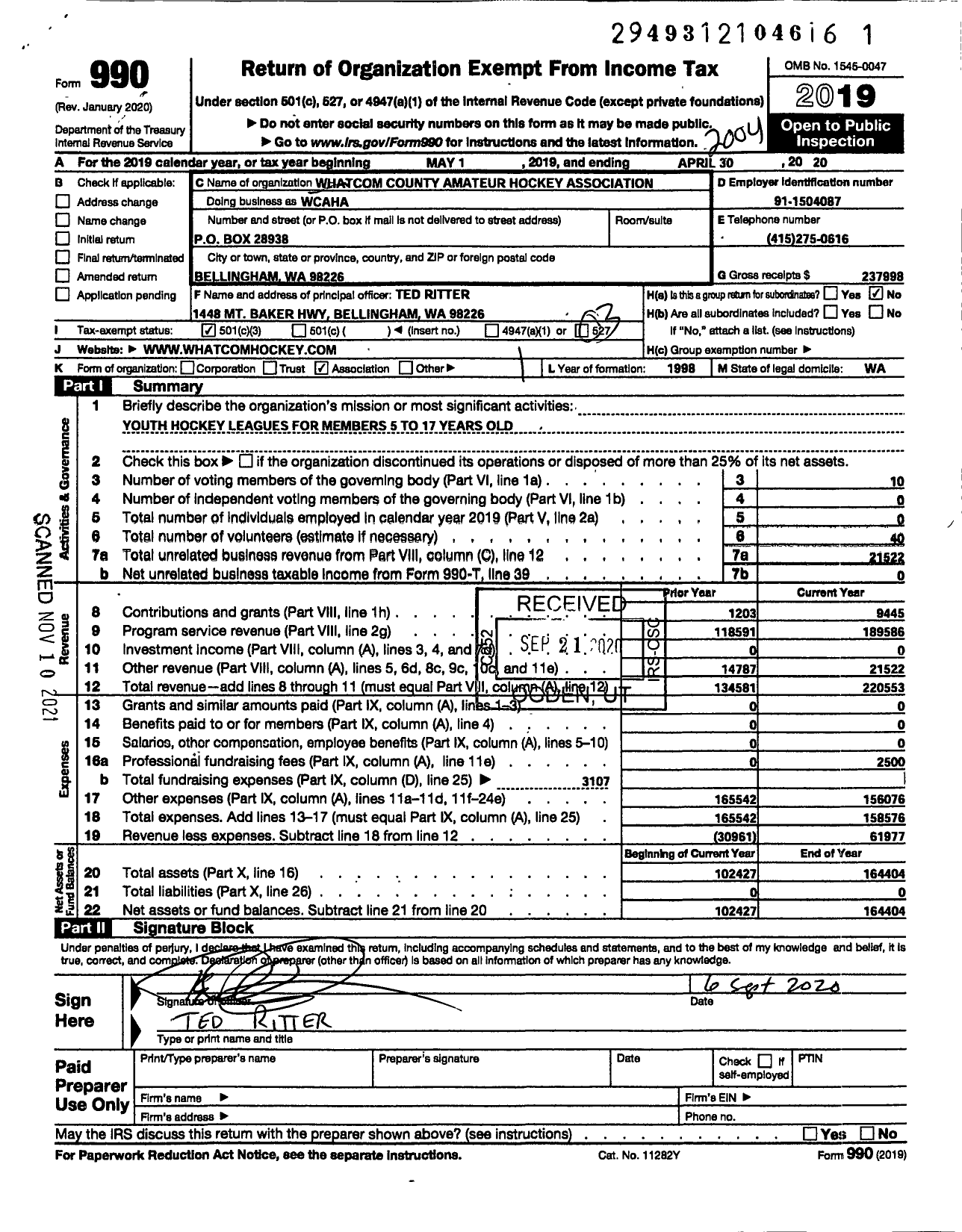 Image of first page of 2019 Form 990 for Whatcom County Amateur Hockey Association (WCAHA)