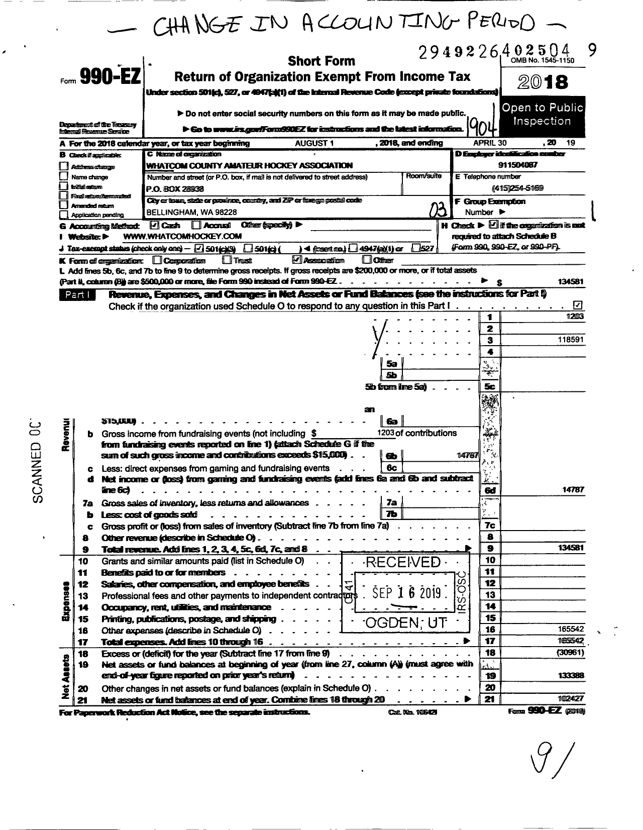 Image of first page of 2018 Form 990EZ for Whatcom County Amateur Hockey Association (WCAHA)